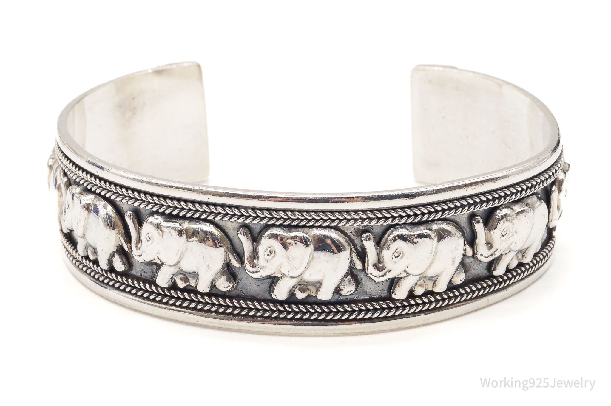 Vintage Safari Elephants Sterling Silver Cuff Bracelet