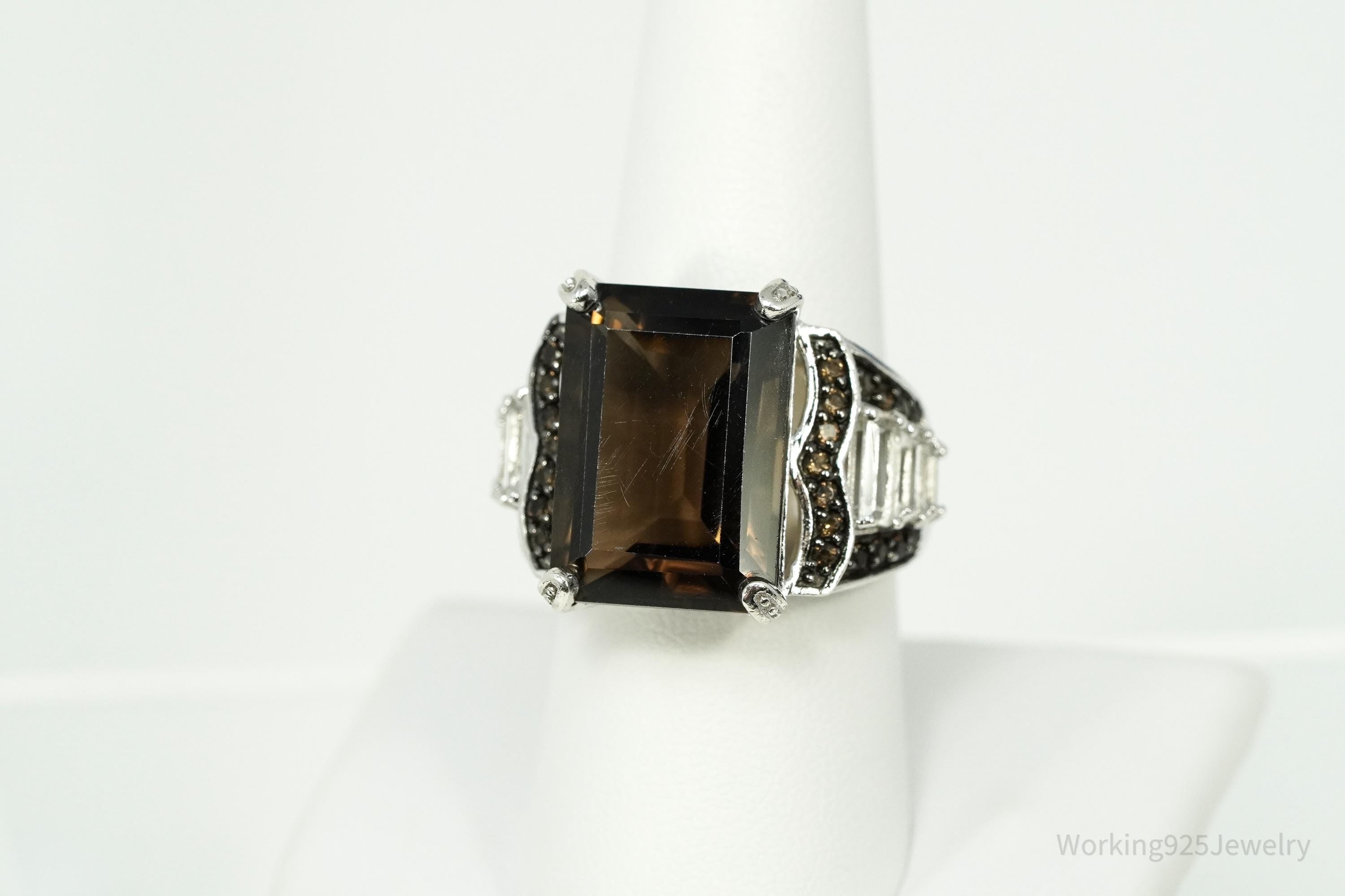 Vintage Large Smoky Quartz & White Topaz Sterling Silver Ring - Size 8