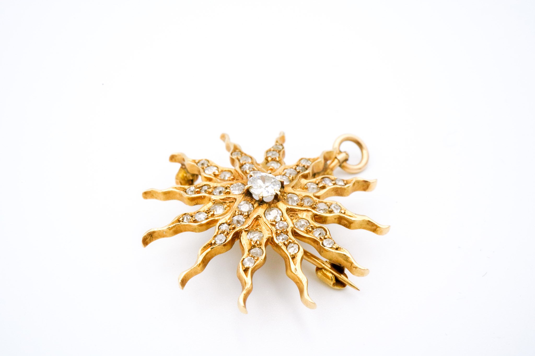 Victorian 14K Yellow Gold & Diamond Sunburst Brooch