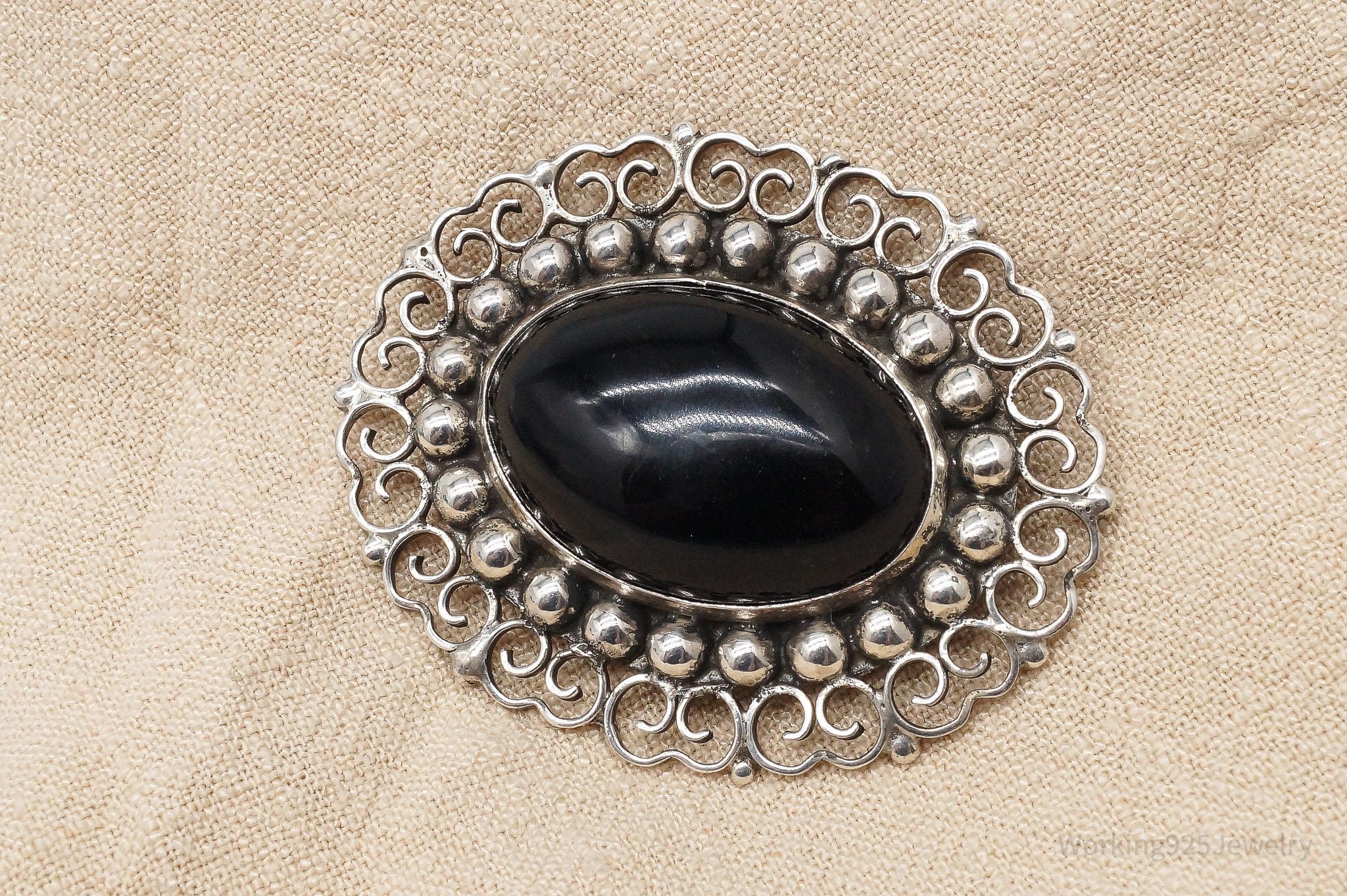 Vintage Large Mexico Modernist Black Onyx Sterling Silver Brooch Pin