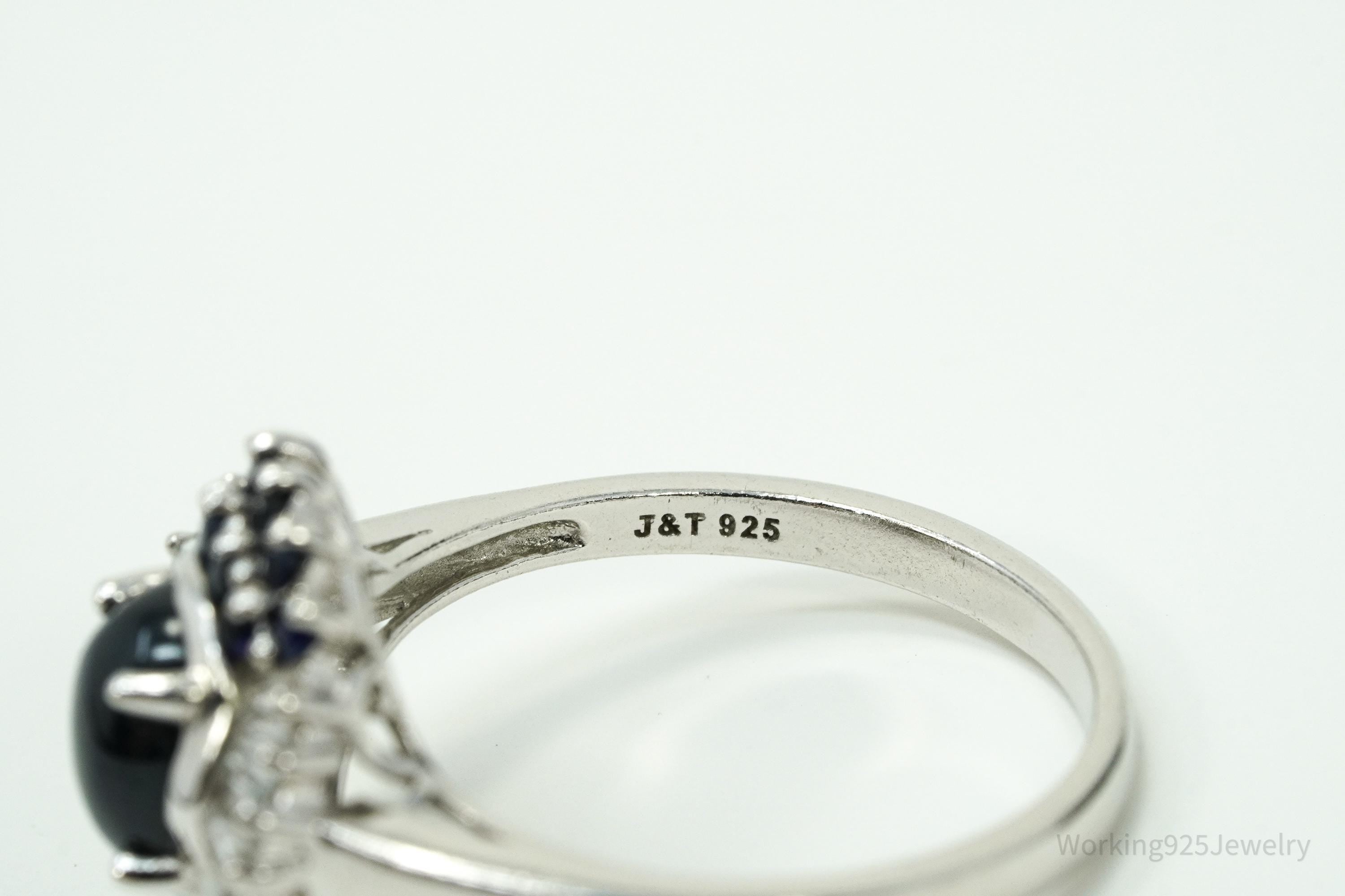 Blue Star Sapphire & White Zircon Sterling Silver Ring - Size 10.75