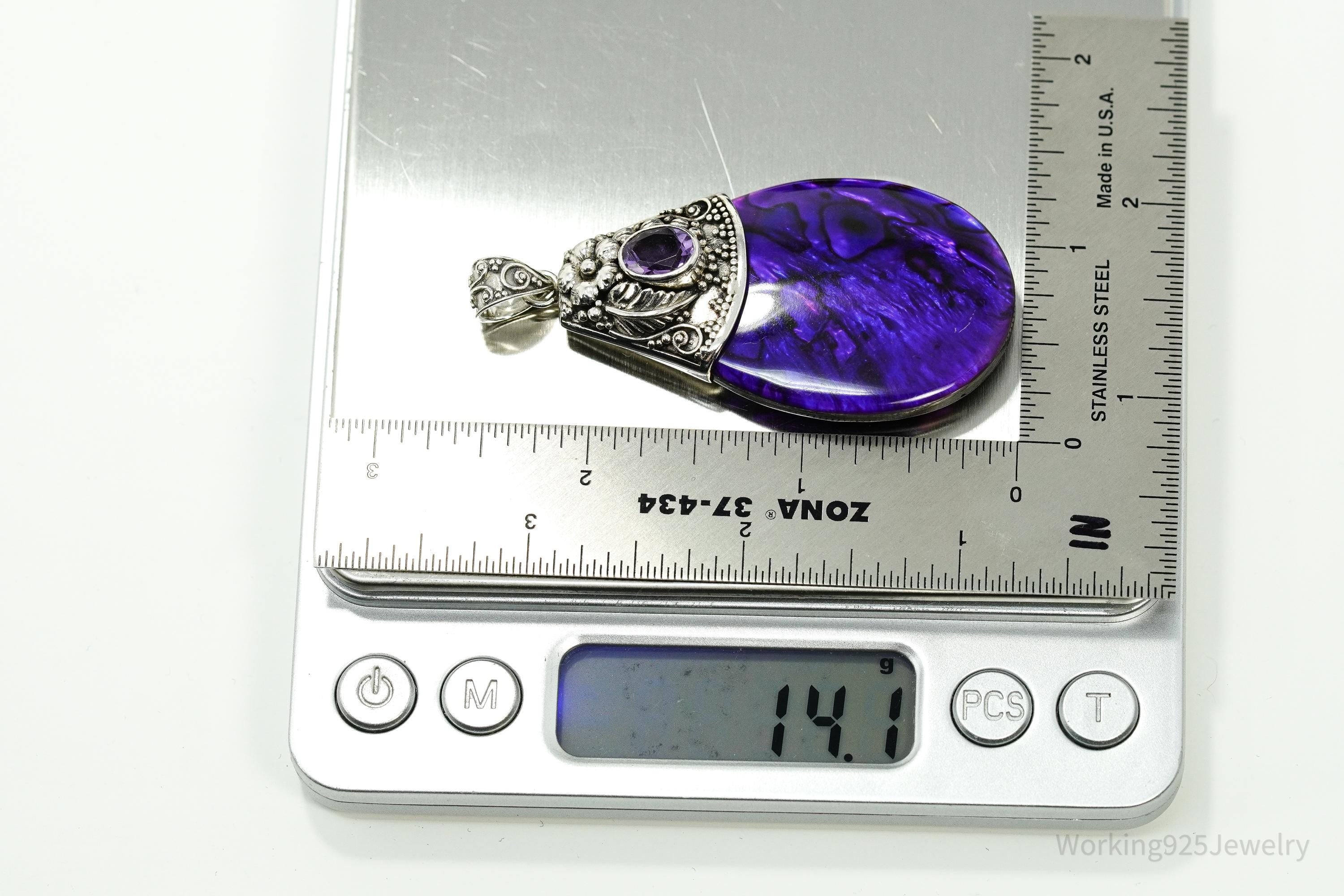 Vintage Large Purple Paua Abalone Shell & Amethyst Sterling Silver Pendant
