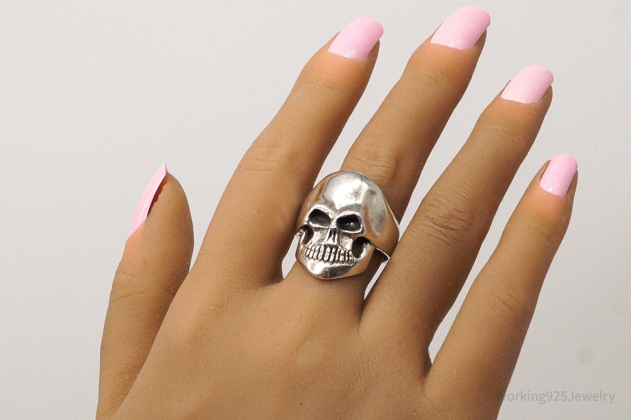 Vintage Large Skull Sterling Silver Ring - SZ 10.75
