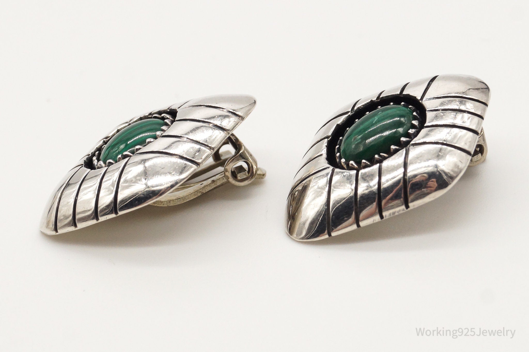 Vintage Native American Malachite Sterling Silver Clip On Earrings