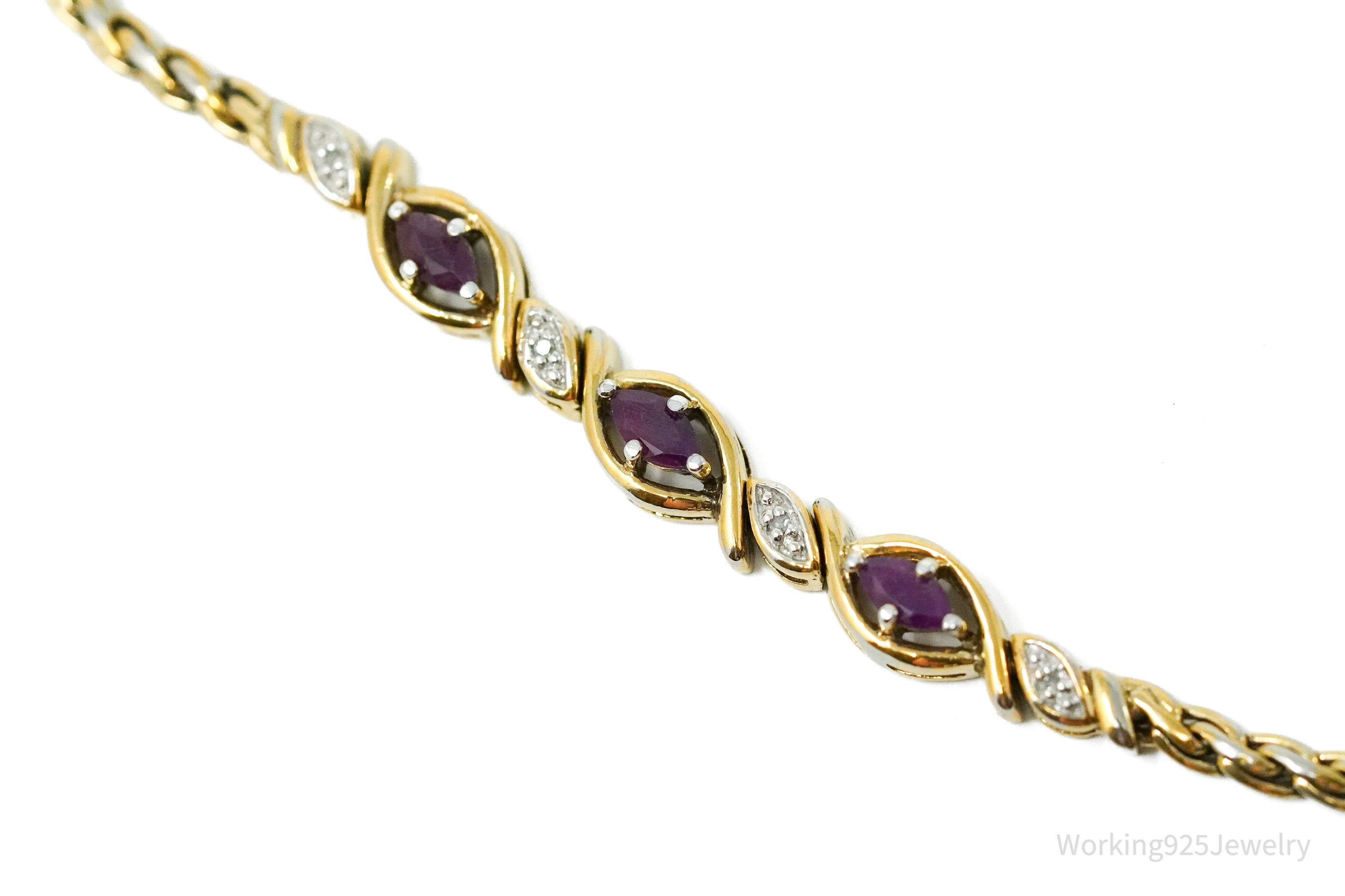 Vintage PAJ Diamond & Ruby Gold Over Sterling Silver Bracelet 7.25"