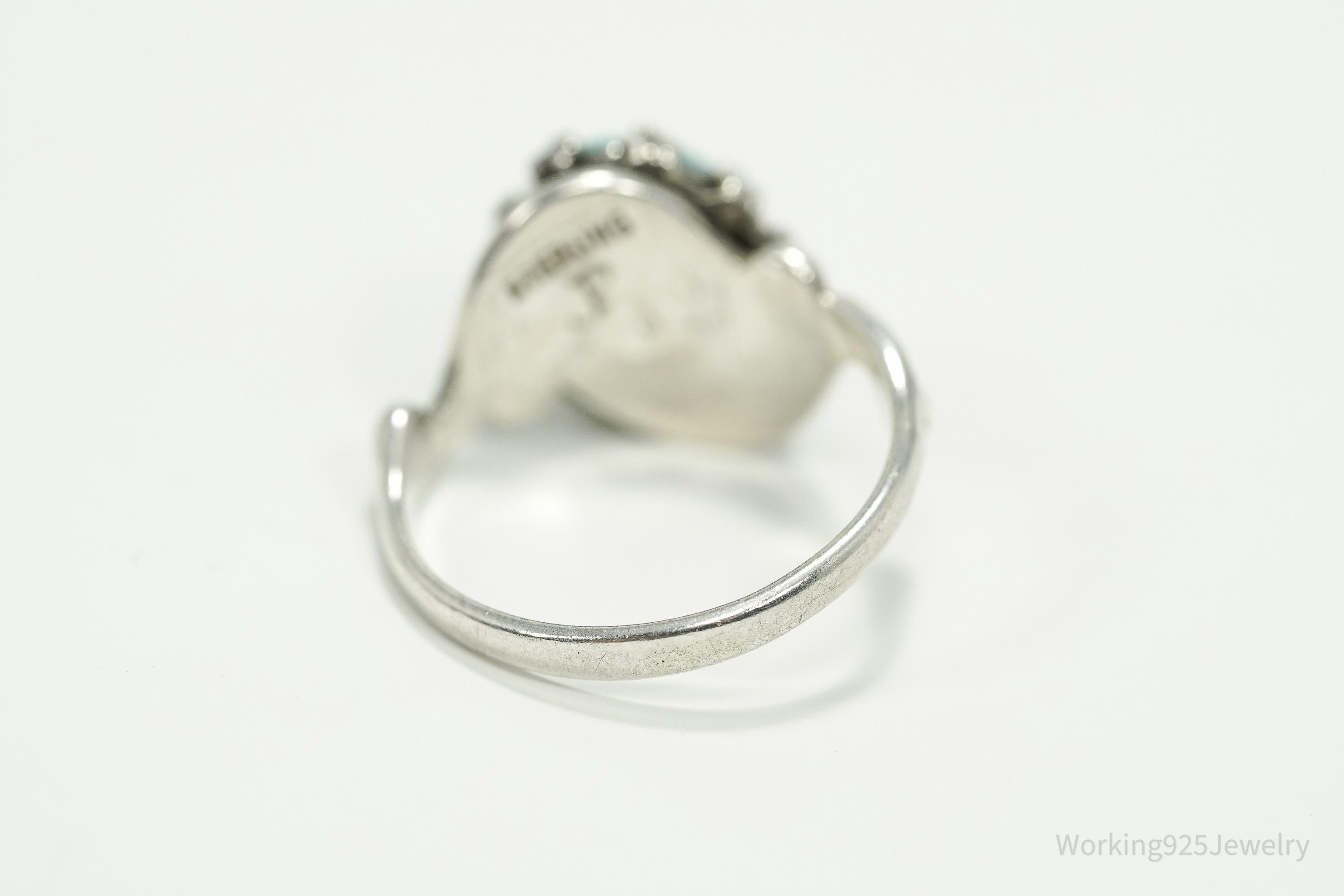 Vintage Native American Signed JP Turquoise Sterling Silver Ring - Size 4.5