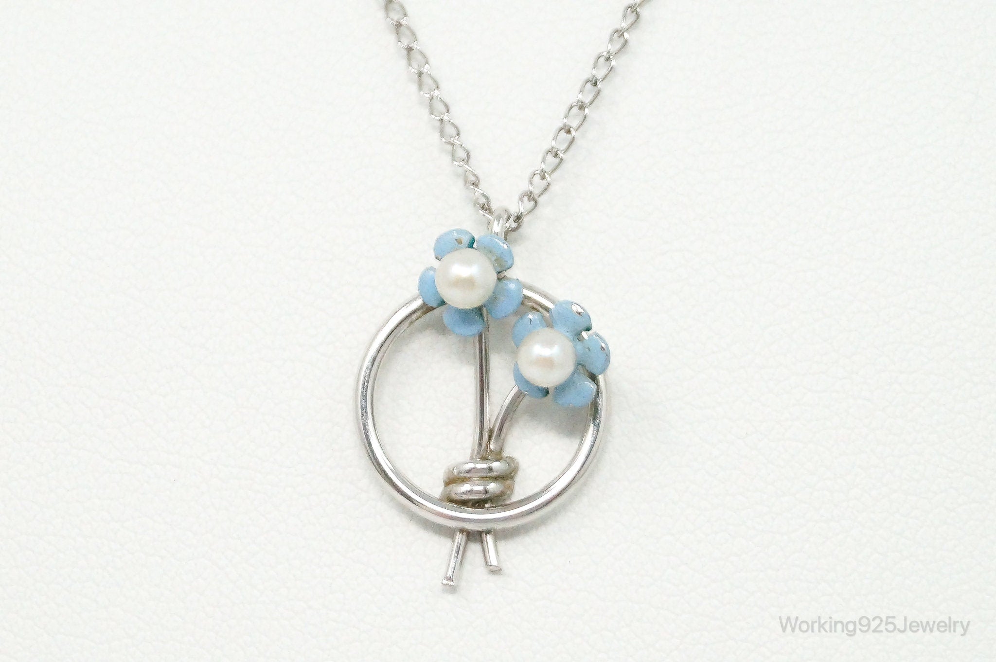 Vintage Pearl Enamel Blue Flowers Sterling Silver Necklace