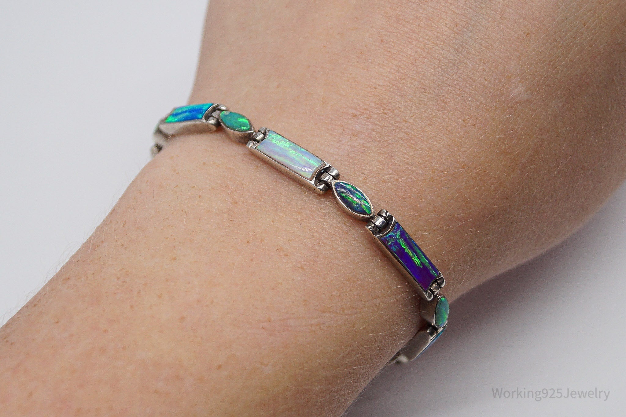 Vintage Opal Inlay Sterling Silver Bracelet - 7.5"