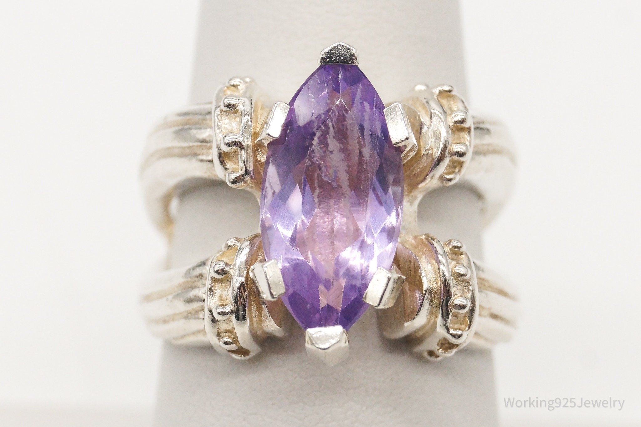 Vintage Large Amethyst Sterling Silver Ring - Size 7.25