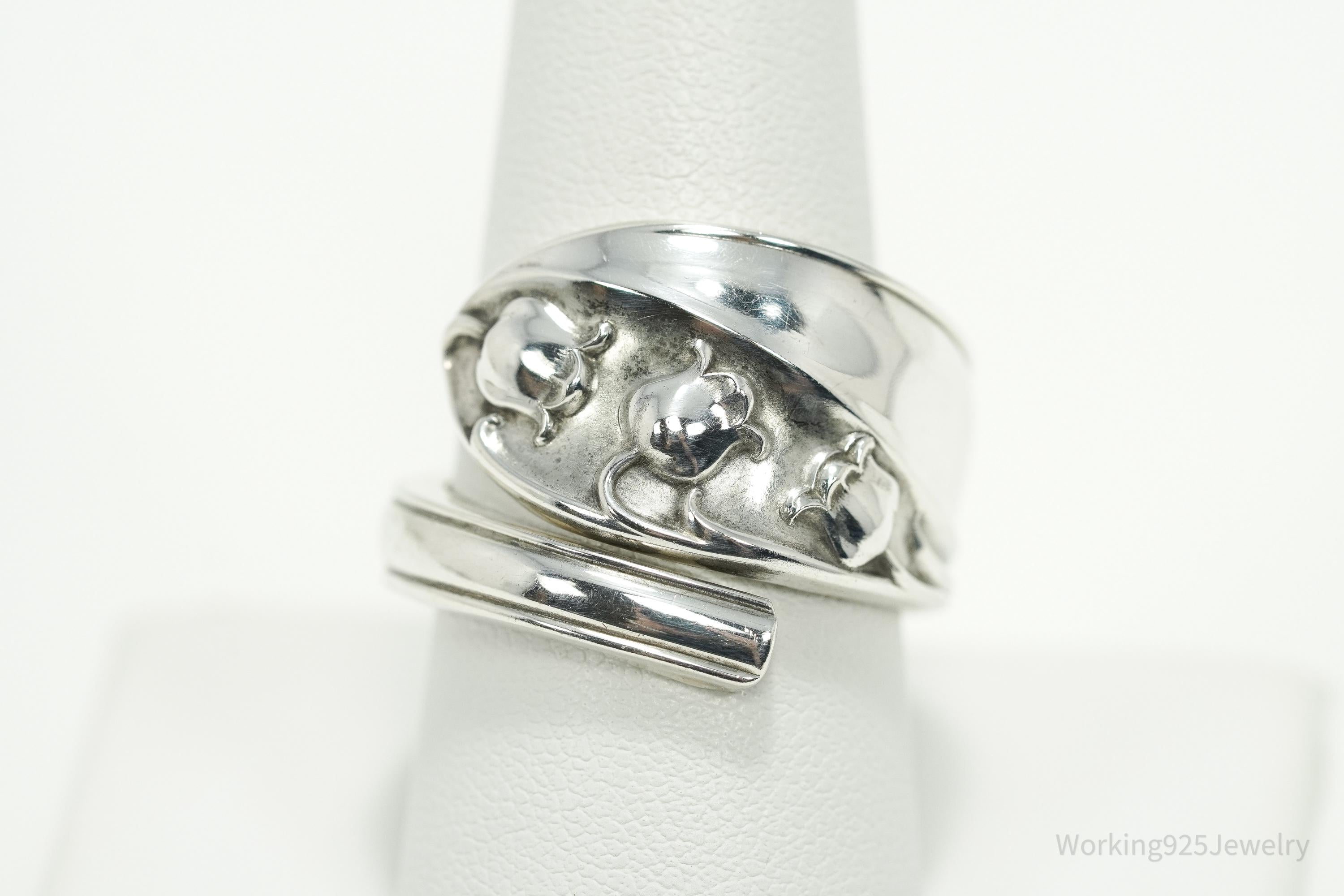 Antique Vintage Lily Of The Valley Sterling Silver Spoon Ring - Size 9.75