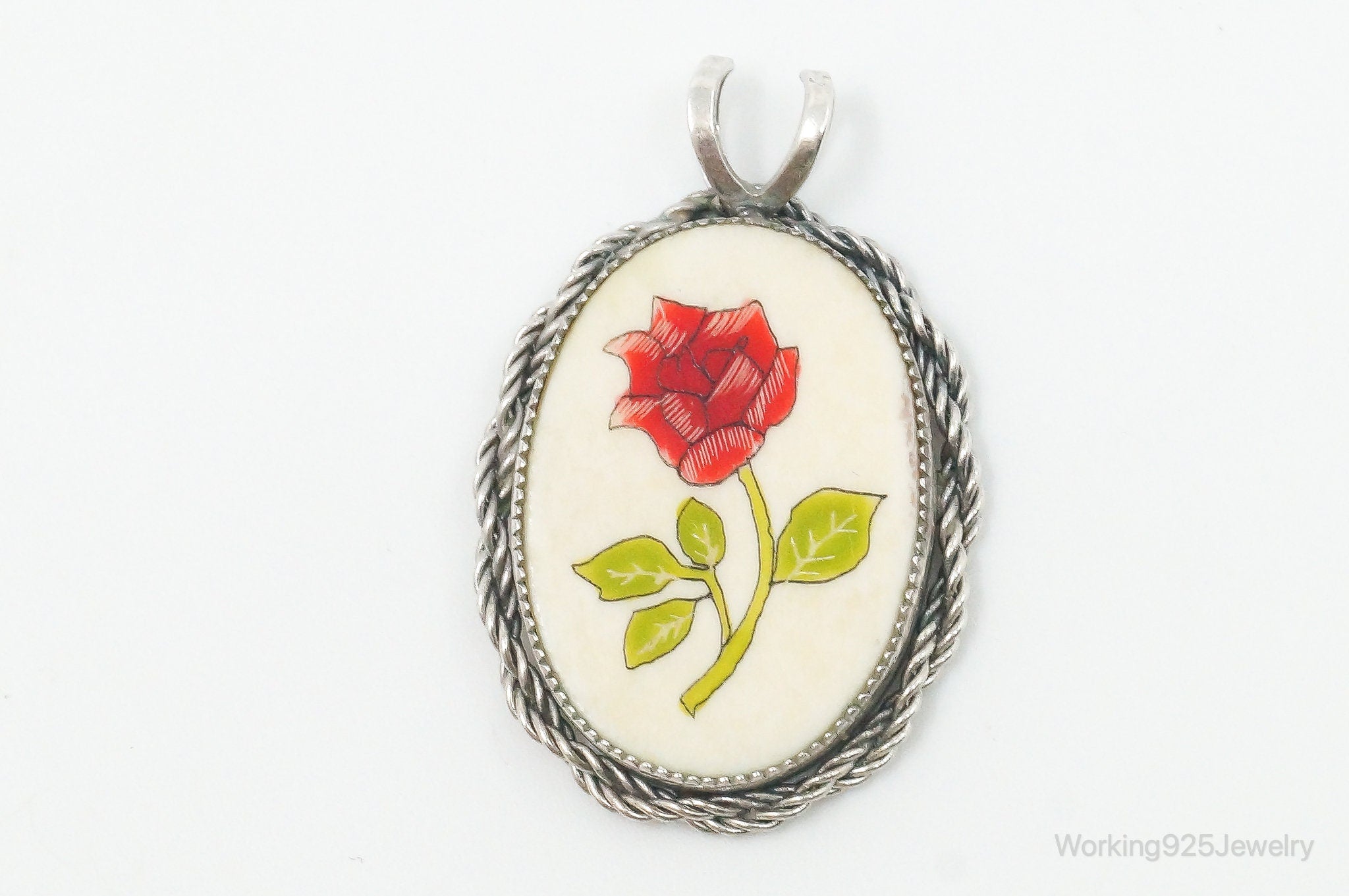 Vintage Painted Rose Bone Southwestern Sterling Silver Pendant