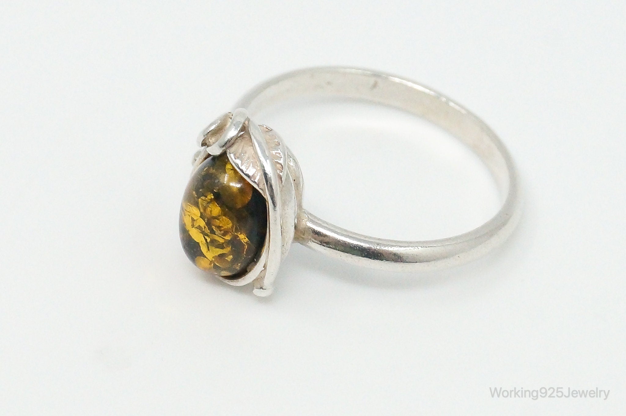 Vintage Yellow Amber Modern Sterling Silver Ring - Size 4.75