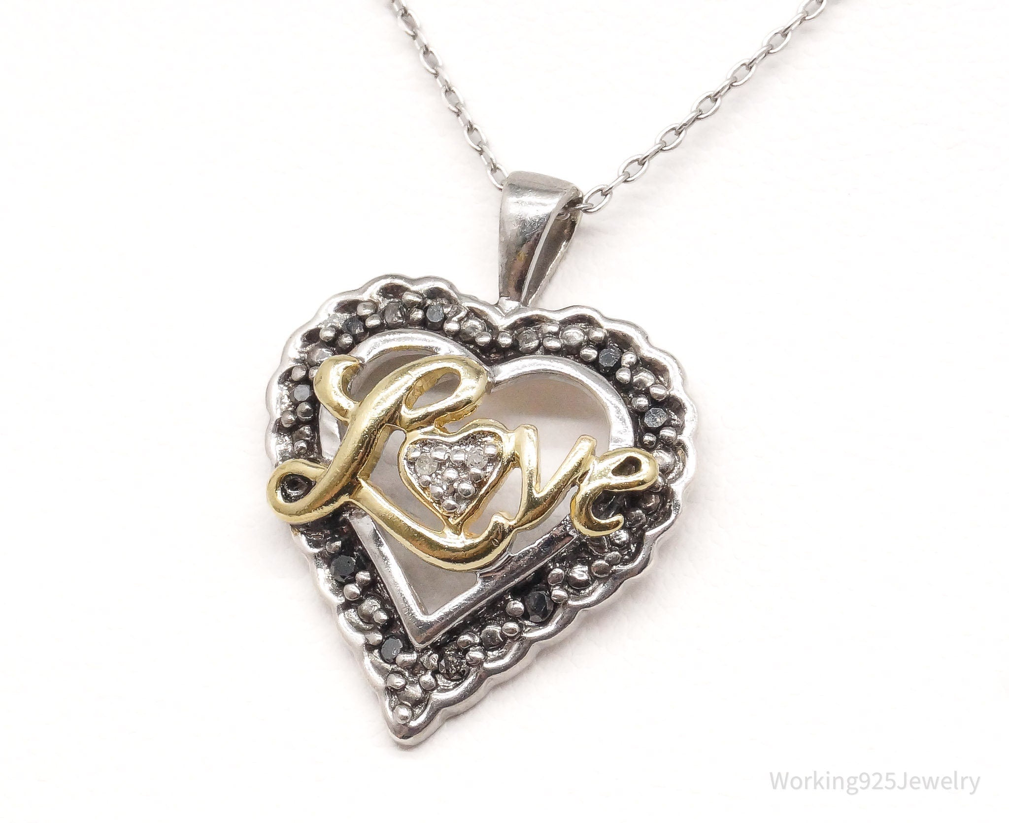 Vintage Black & White Diamond Heart Gold Over "Love" Sterling Silver Necklace 18"