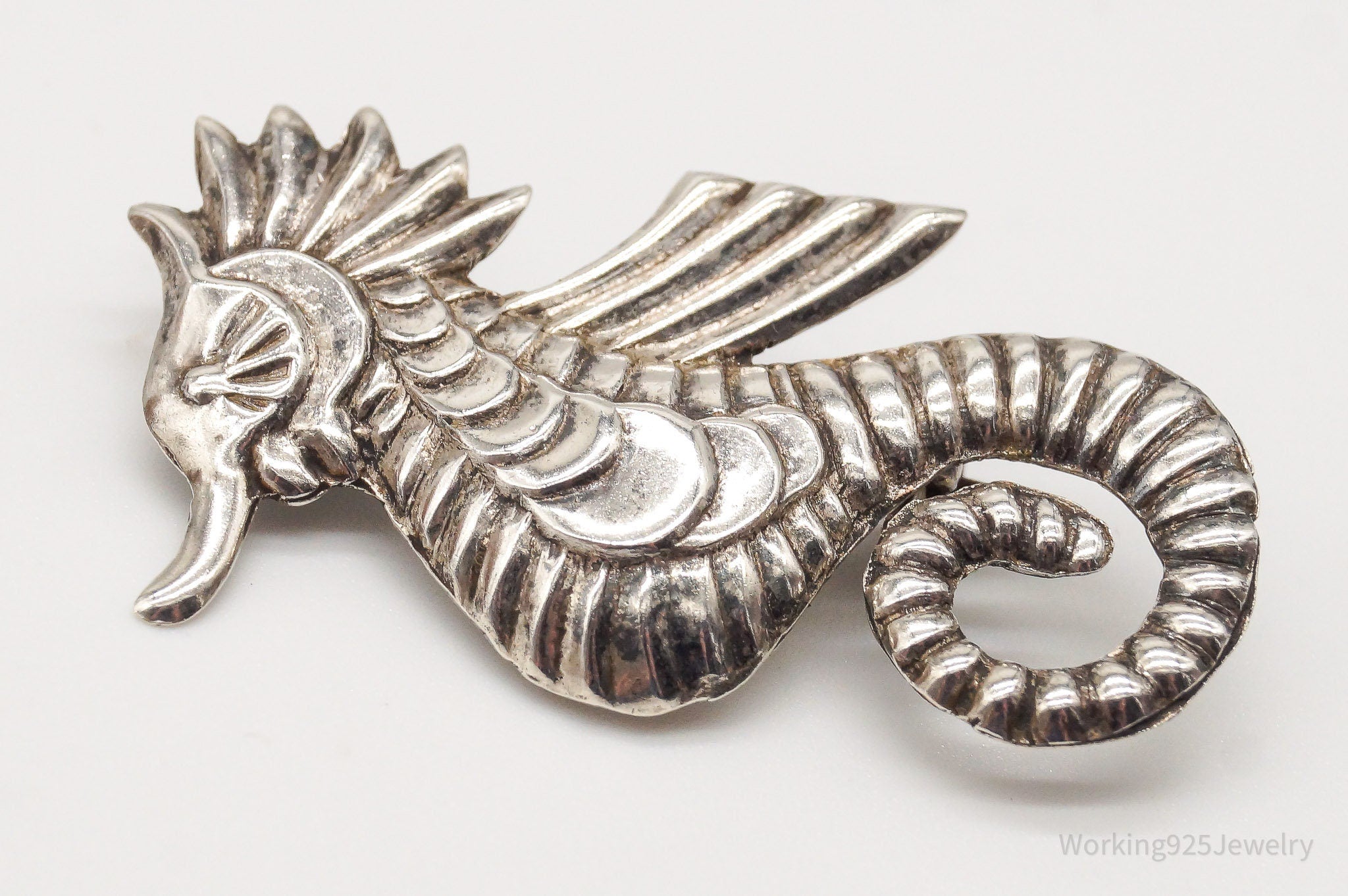 Vintage Mexico Artisan JE Large Seahorse Sterling Silver Brooch Pin