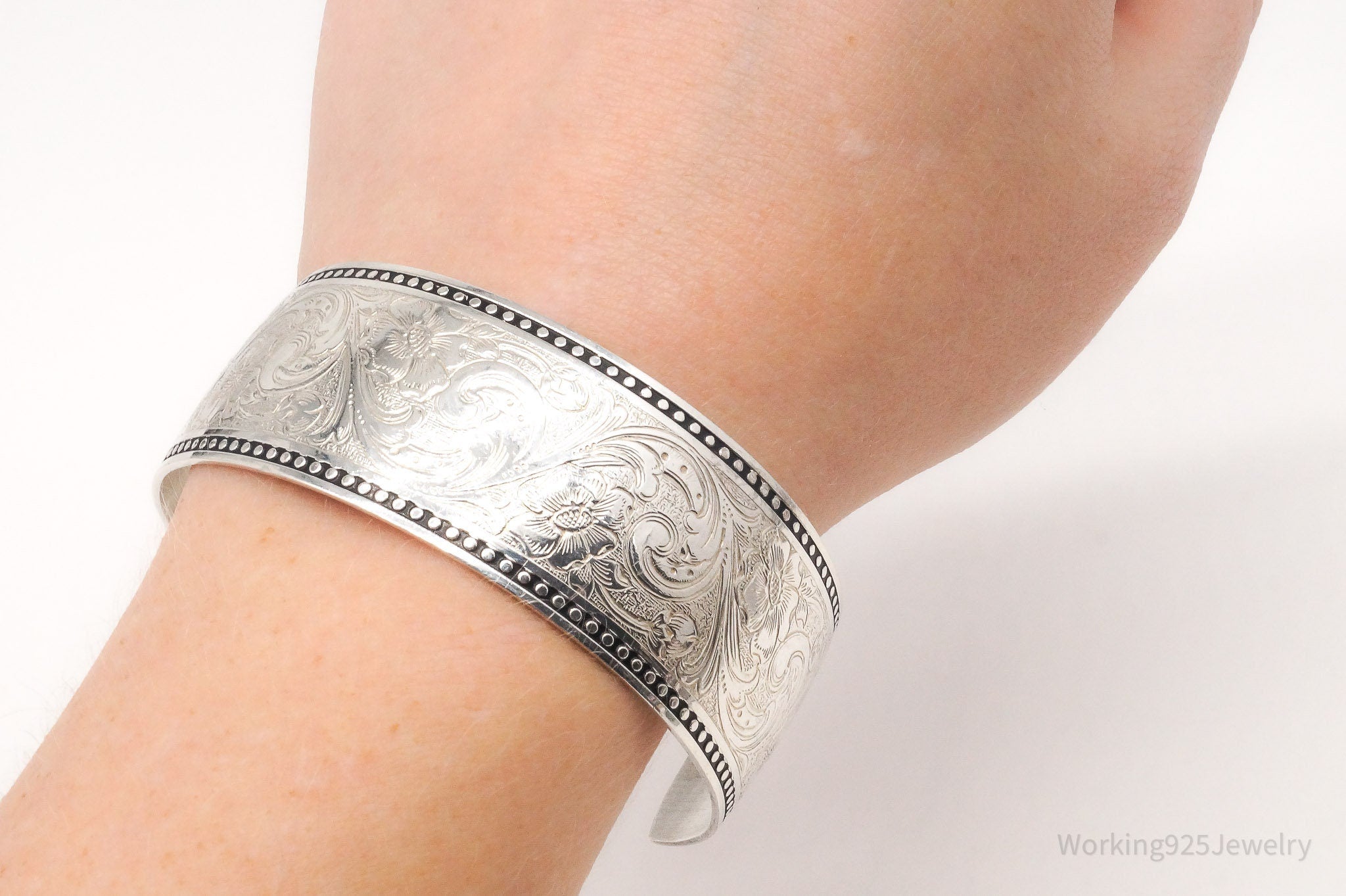 Antique Walter E Hayward Art Nouveau Etched Sterling Silver Cuff Bracelet