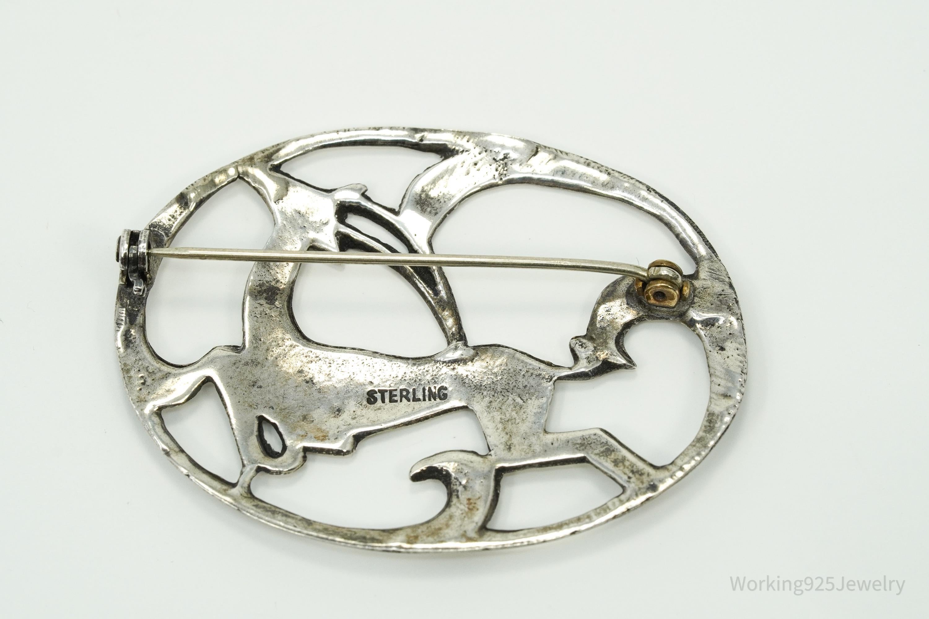 Large Antique Gazelle Sterling Silver Brooch Pin