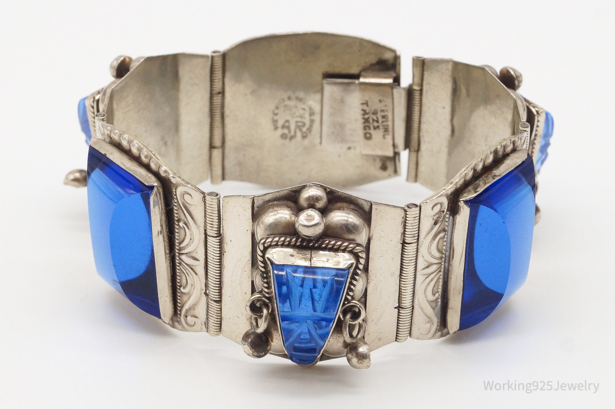 Vintage Mexico Designer AR Blue Glass Aztec Sterling Silver Bracelet