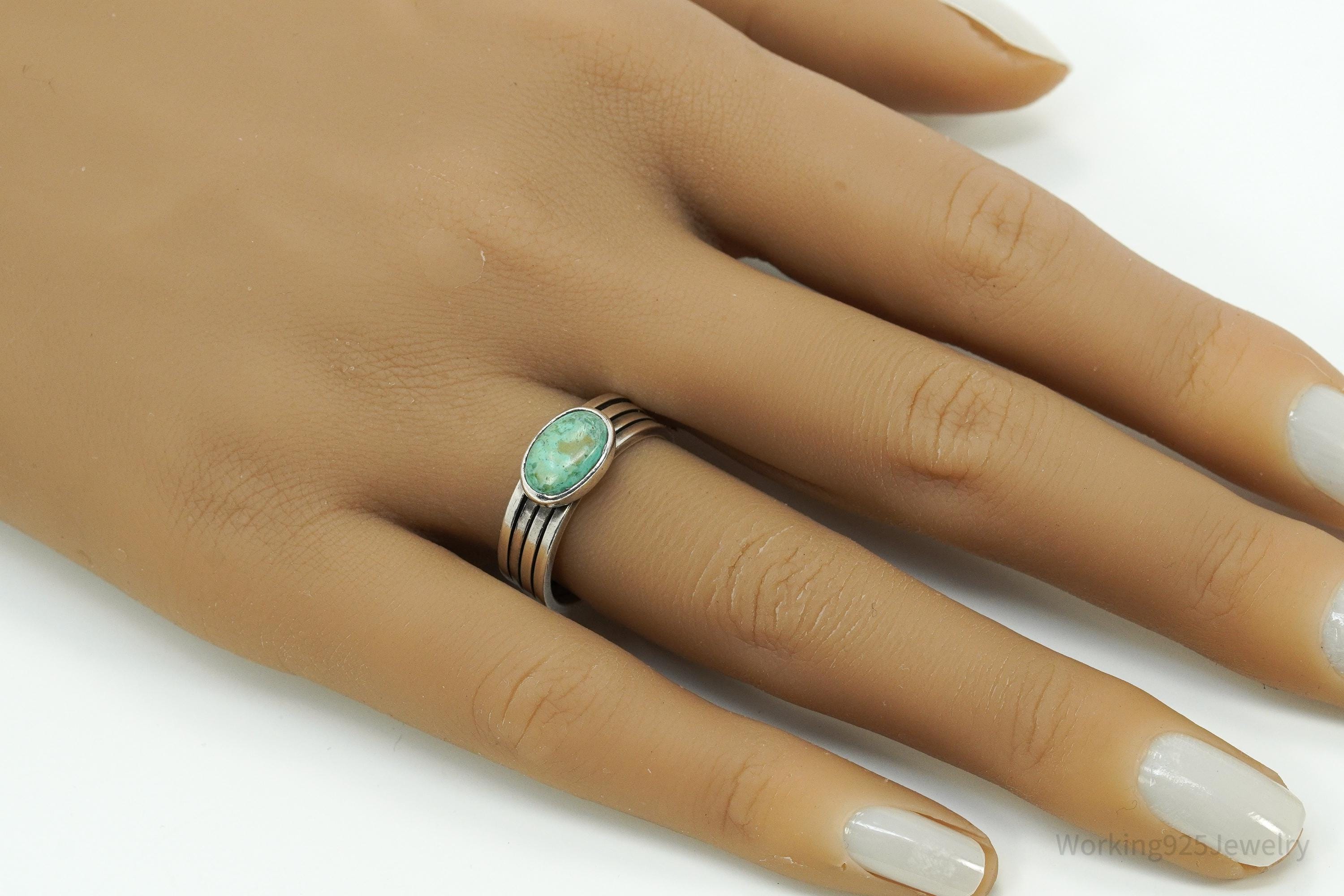 Vintage Native American Style Turquoise Silver Band Ring - Size 7.5