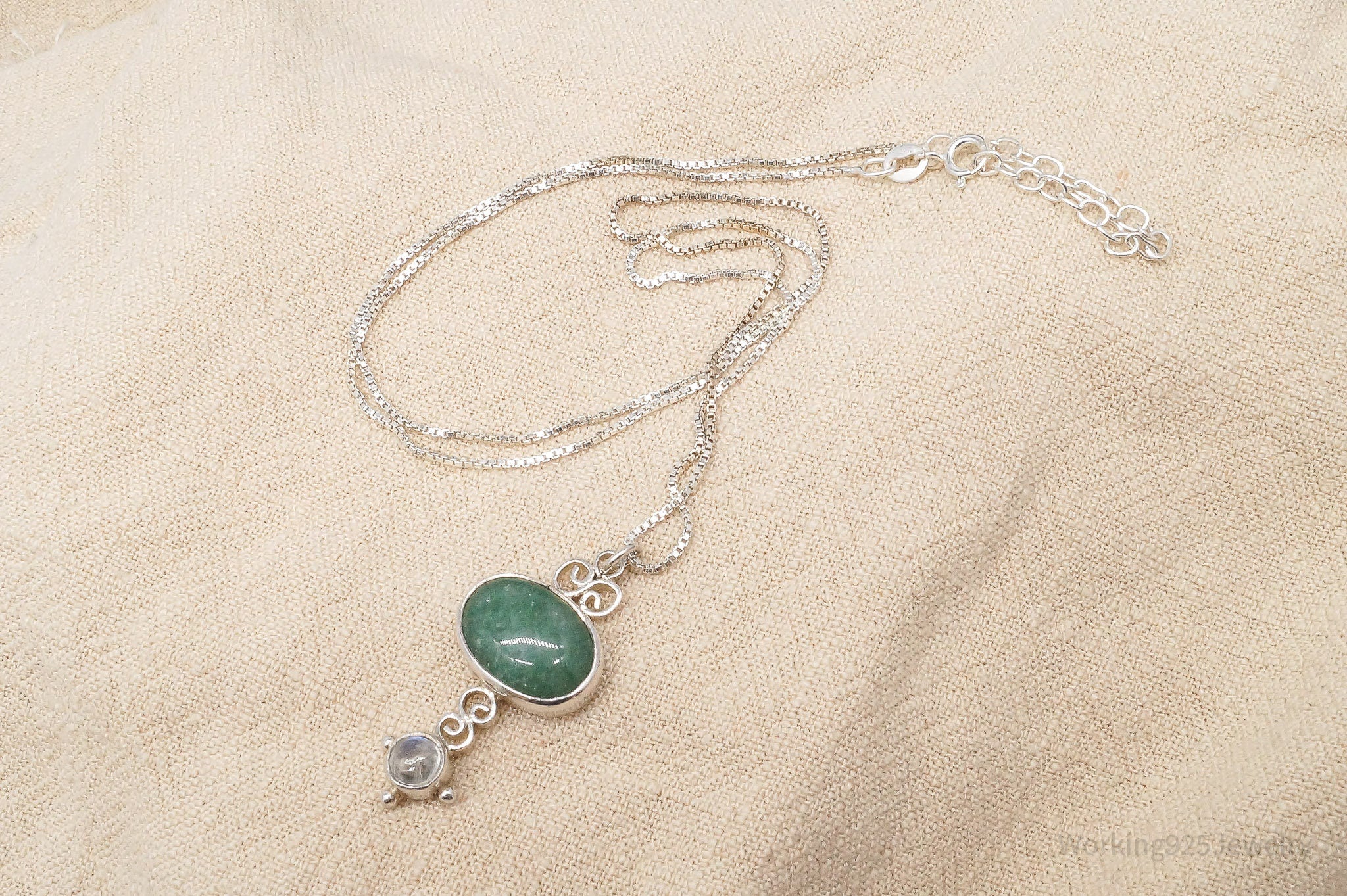 Vintage SAJEN Aventurine & Moonstone Sterling Silver Necklace 20"