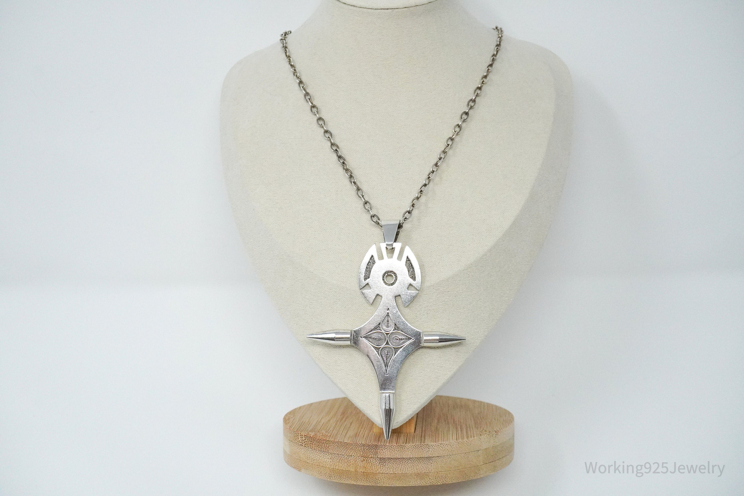 Vintage Large African Cross Silver Necklace 24"