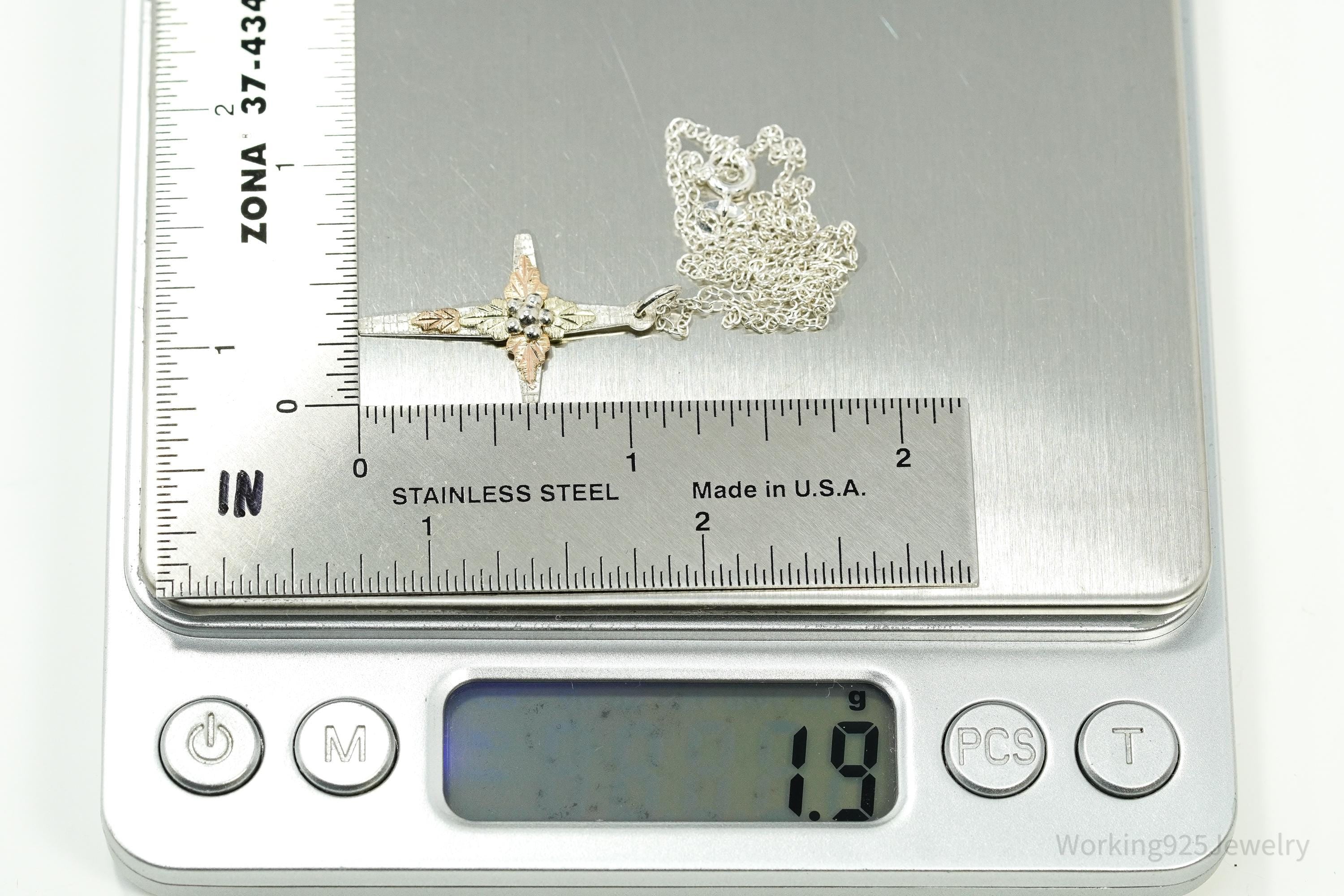 Vintage Landstrom's 10K Black Hills Gold Leaves Sterling Silver Cross Necklace 18"