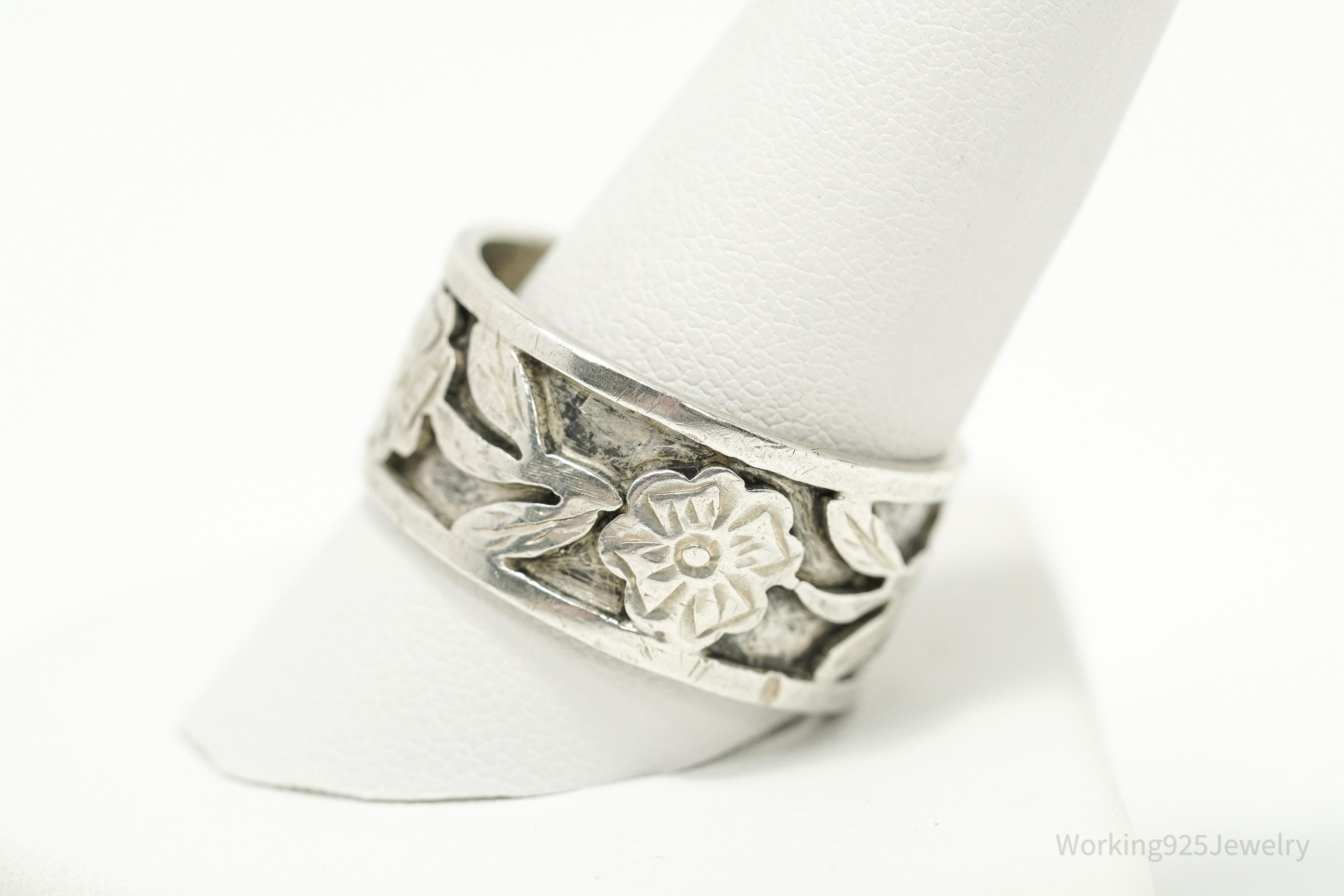 Vintage Mexico Flower Pattern Sterling Silver Ring - Size 12