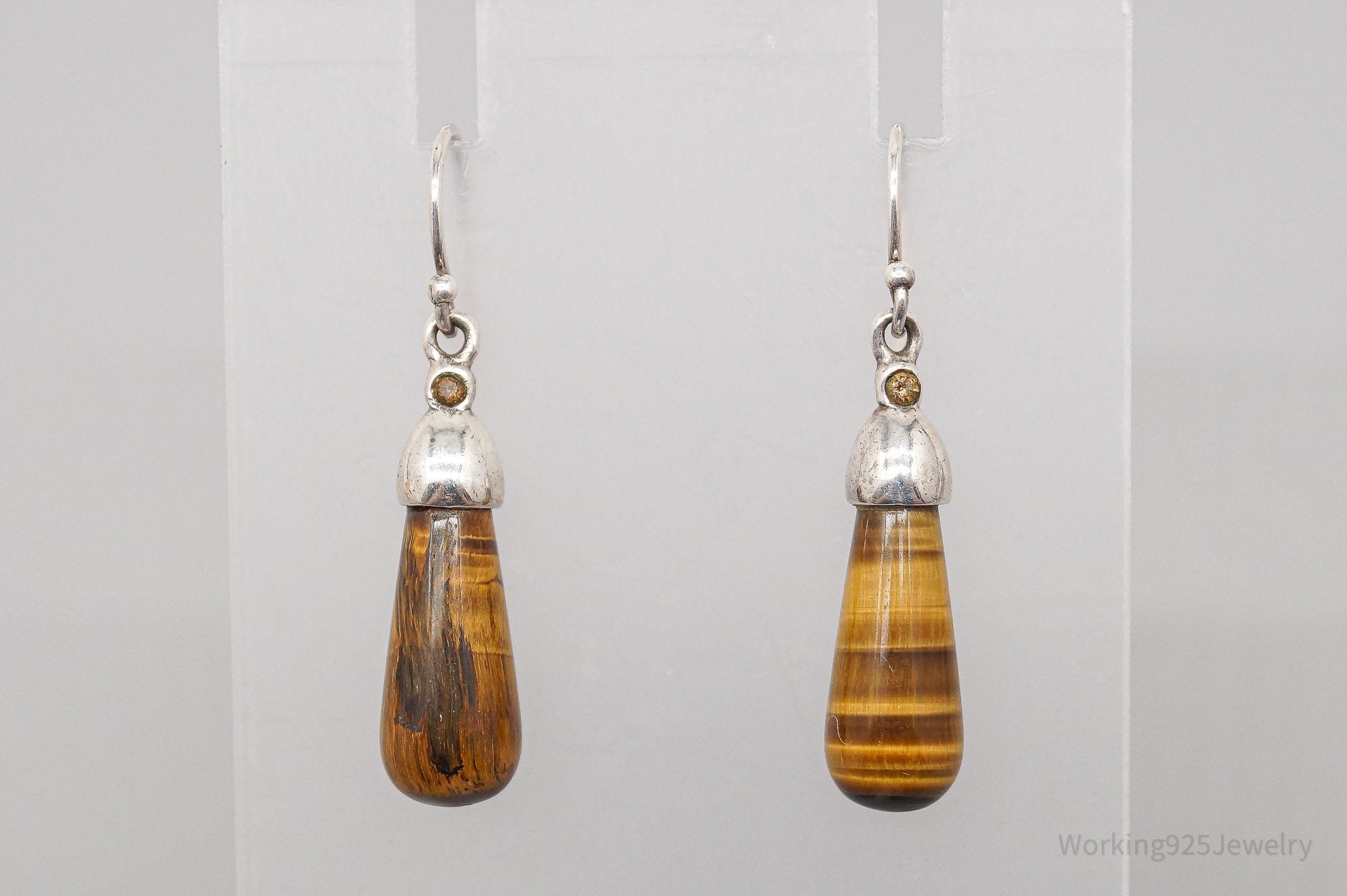 Vintage Tigers Eye Orange Crystal Sterling Silver Earrings