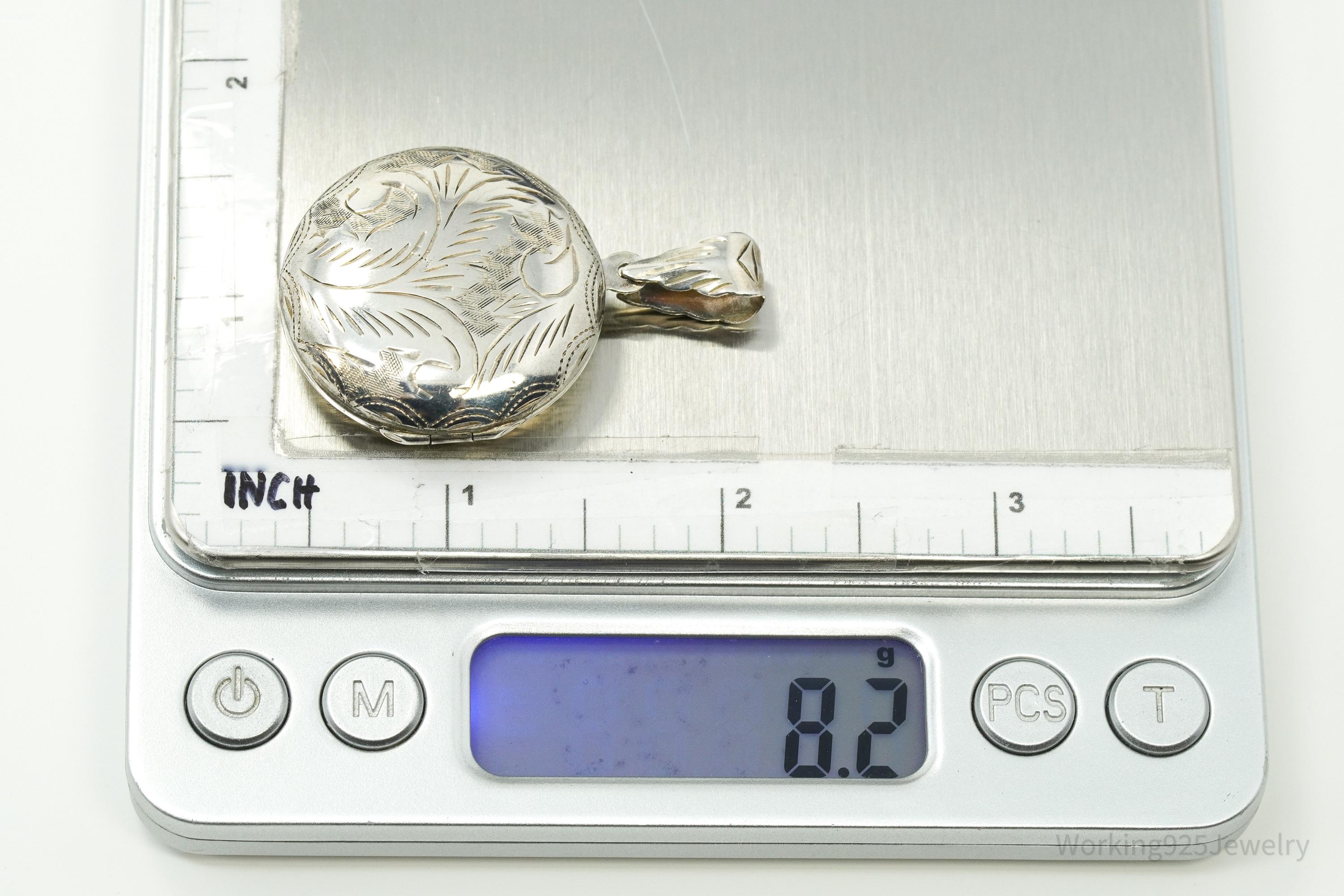 Vintage Round Etched Locket Sterling Silver Charm Pendant