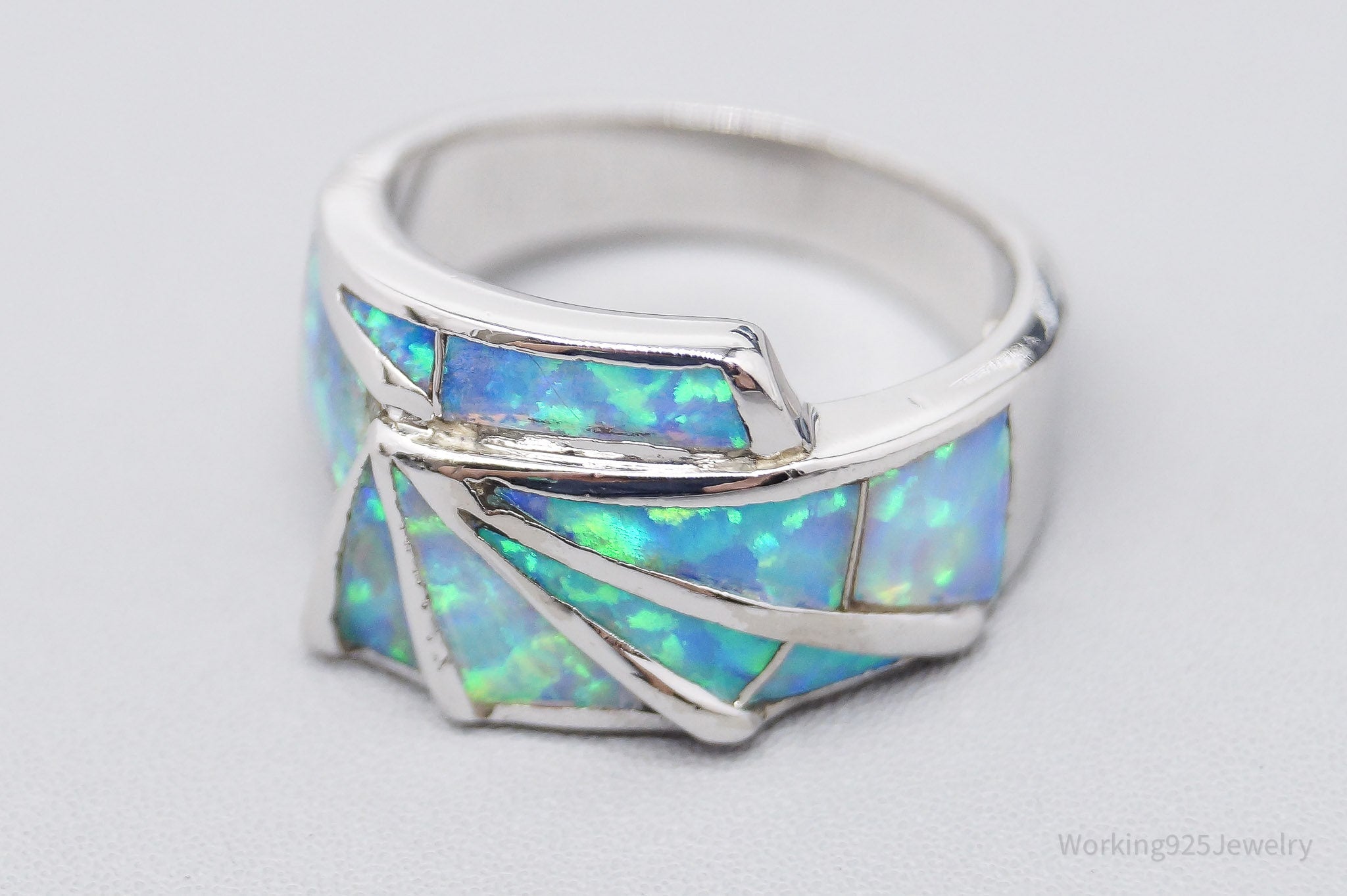 Vintage Blue Opal Inlay Sterling Silver Ring - Size 5.75