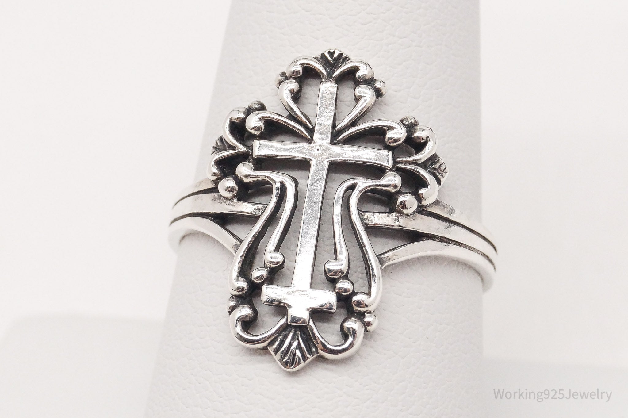 Vintage Ornate Cross Sterling Silver Ring - Size 8.75