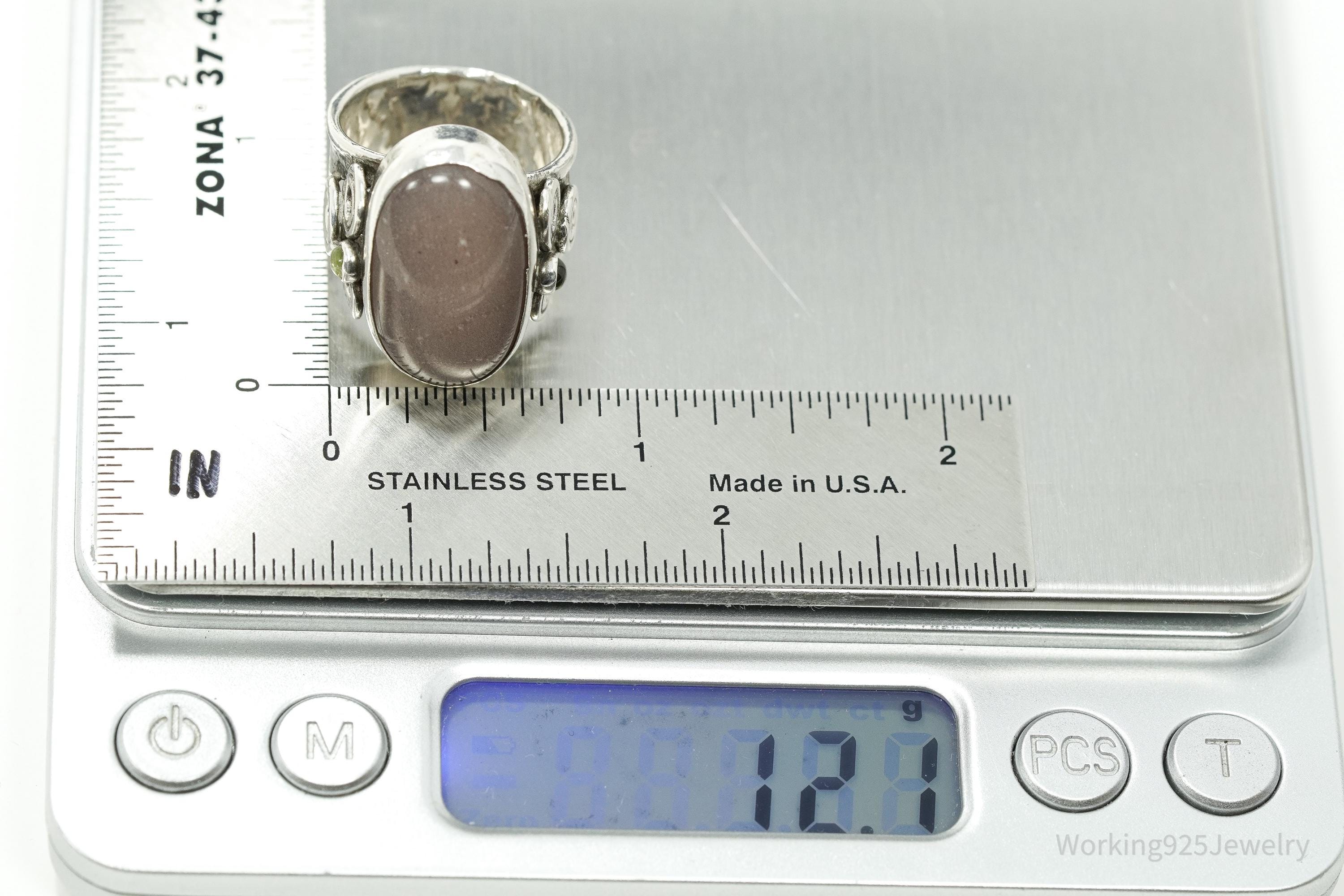 Vintage Gray Moonstone & Peridot Sterling Silver Ring Size 8