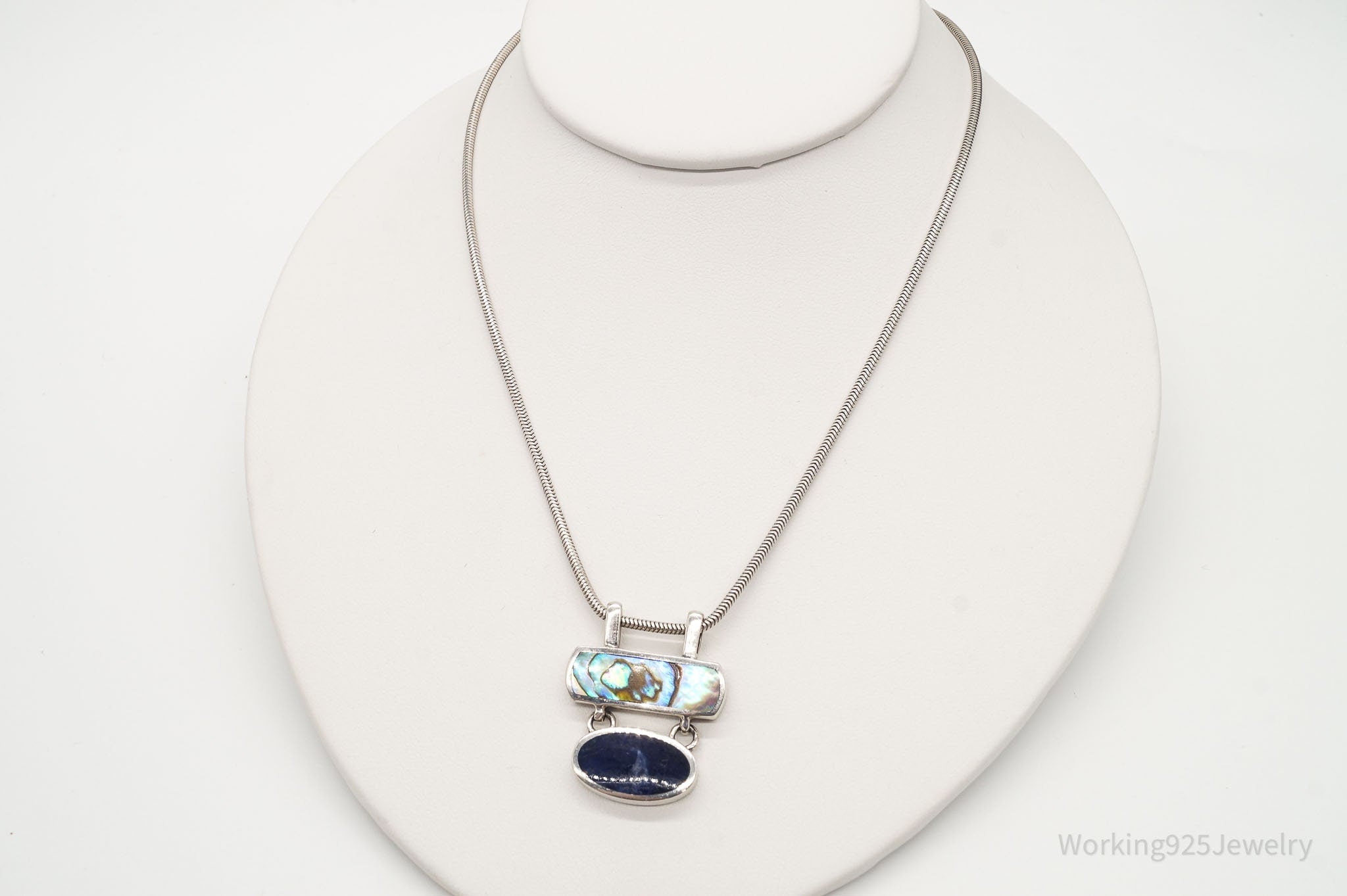 Vintage Paua Abalone Shell Sodalite Sterling Silver Necklace