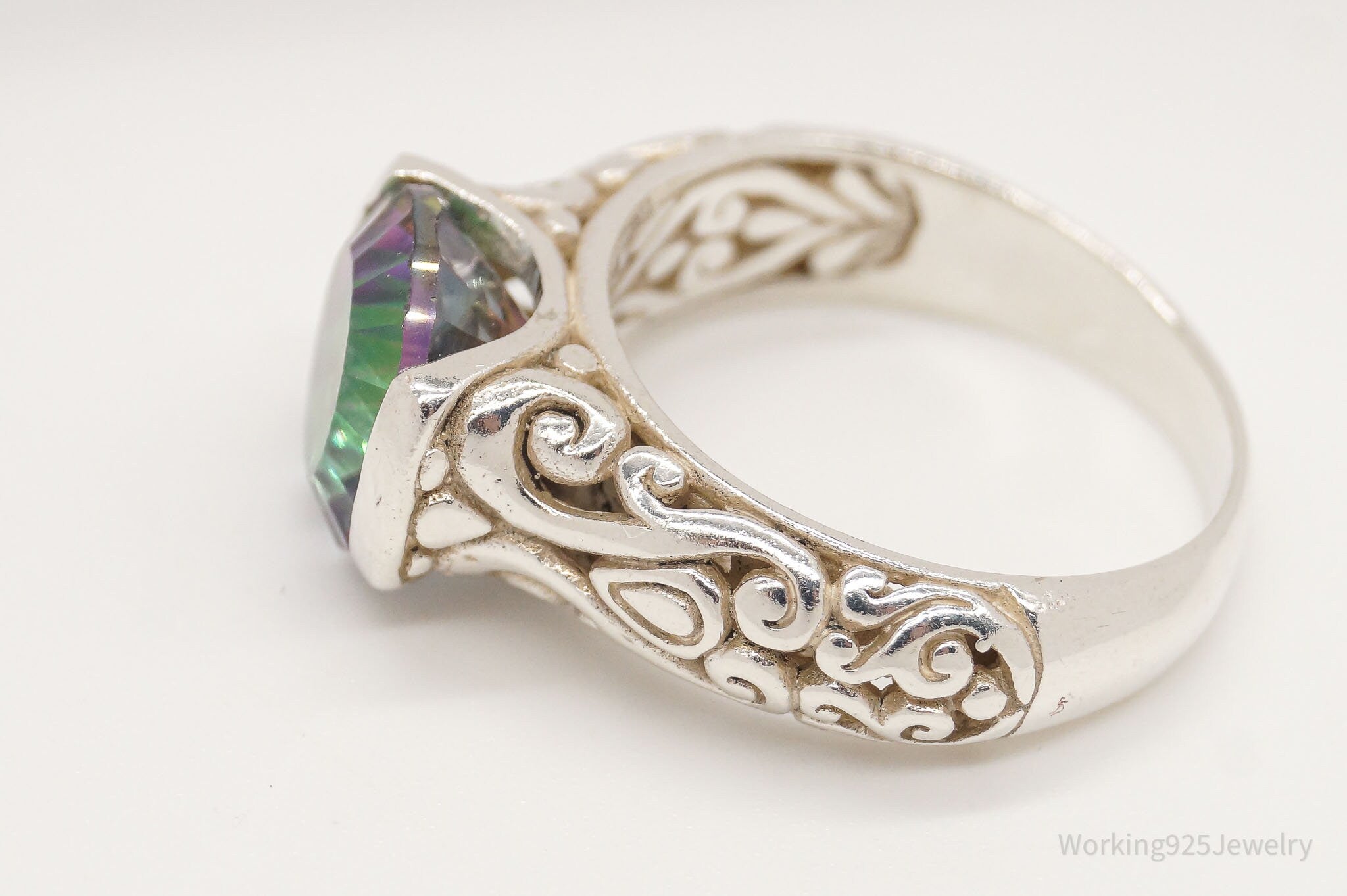 Vintage Mystic Topaz Sterling Silver Filigree Ring - Size 6.75