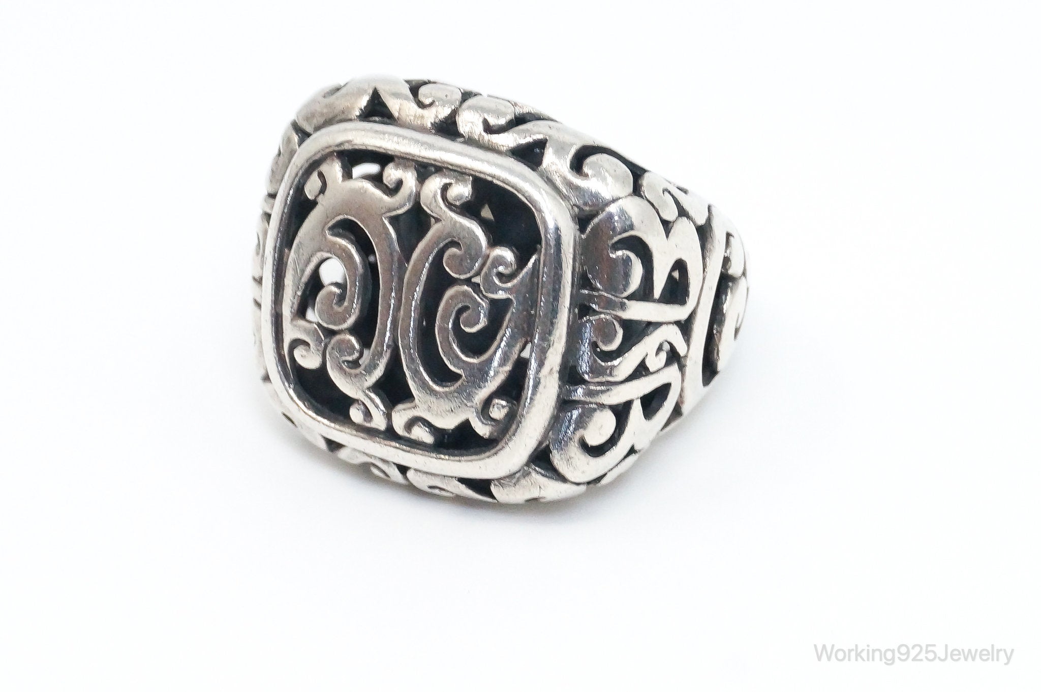 Vintage Tall Bali Style Scroll Swirls Sterling Silver Ring - Size 7