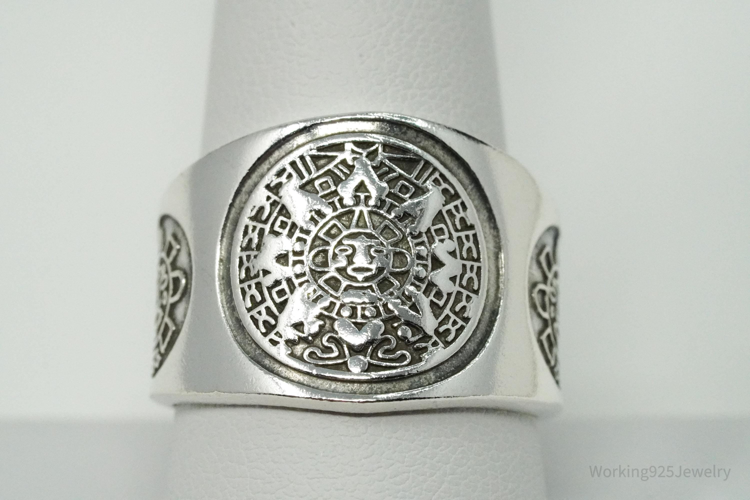 Vintage Aztec Mayan Sun Calendar Sterling Silver Ring Size 10