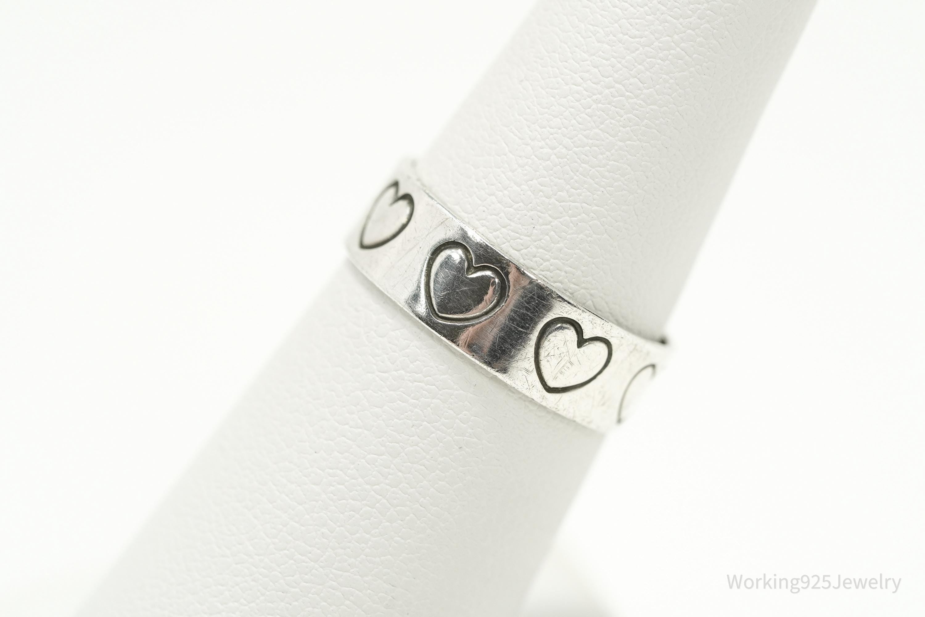 Vintage Heart Pattern Sterling Silver Band Ring - Size 6.75