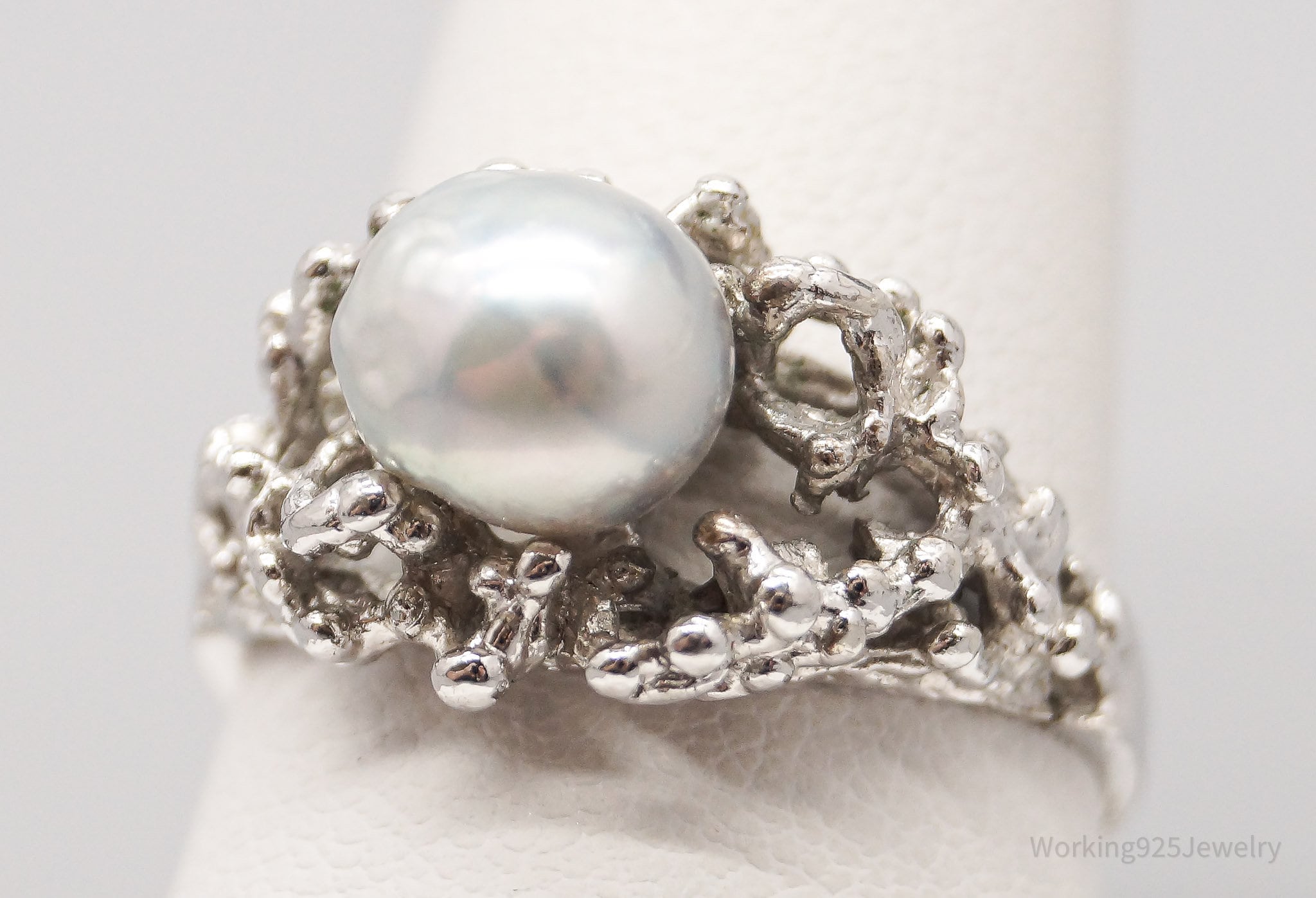 Vintage Uncas Pearl Brutalist Sterling Silver Ring - Size 8.75