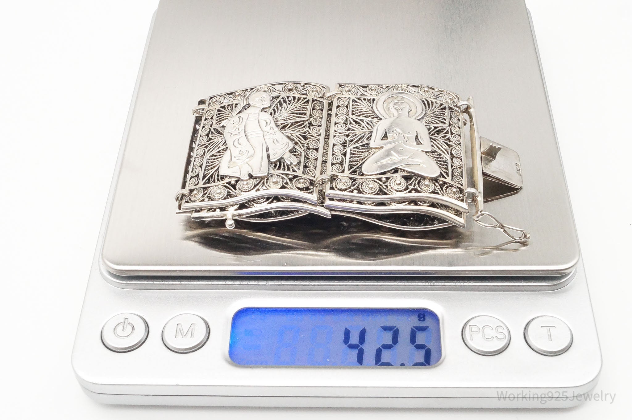 Large Vintage Chinese Silver Intricate 835 Silver Filigree Panel Bracelet