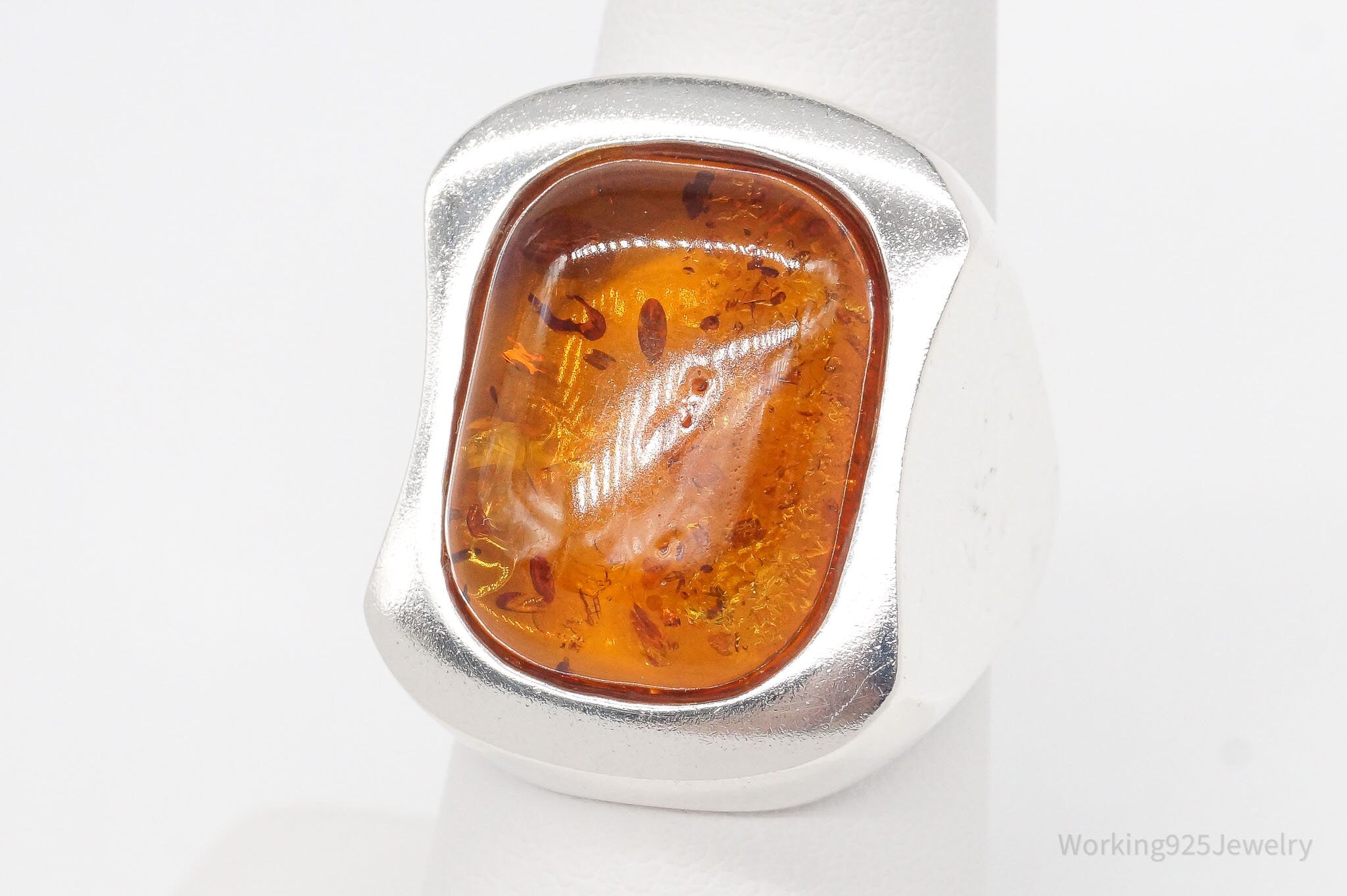 Vintage Large Amber Modernist Sterling Silver Ring - Size 7.25