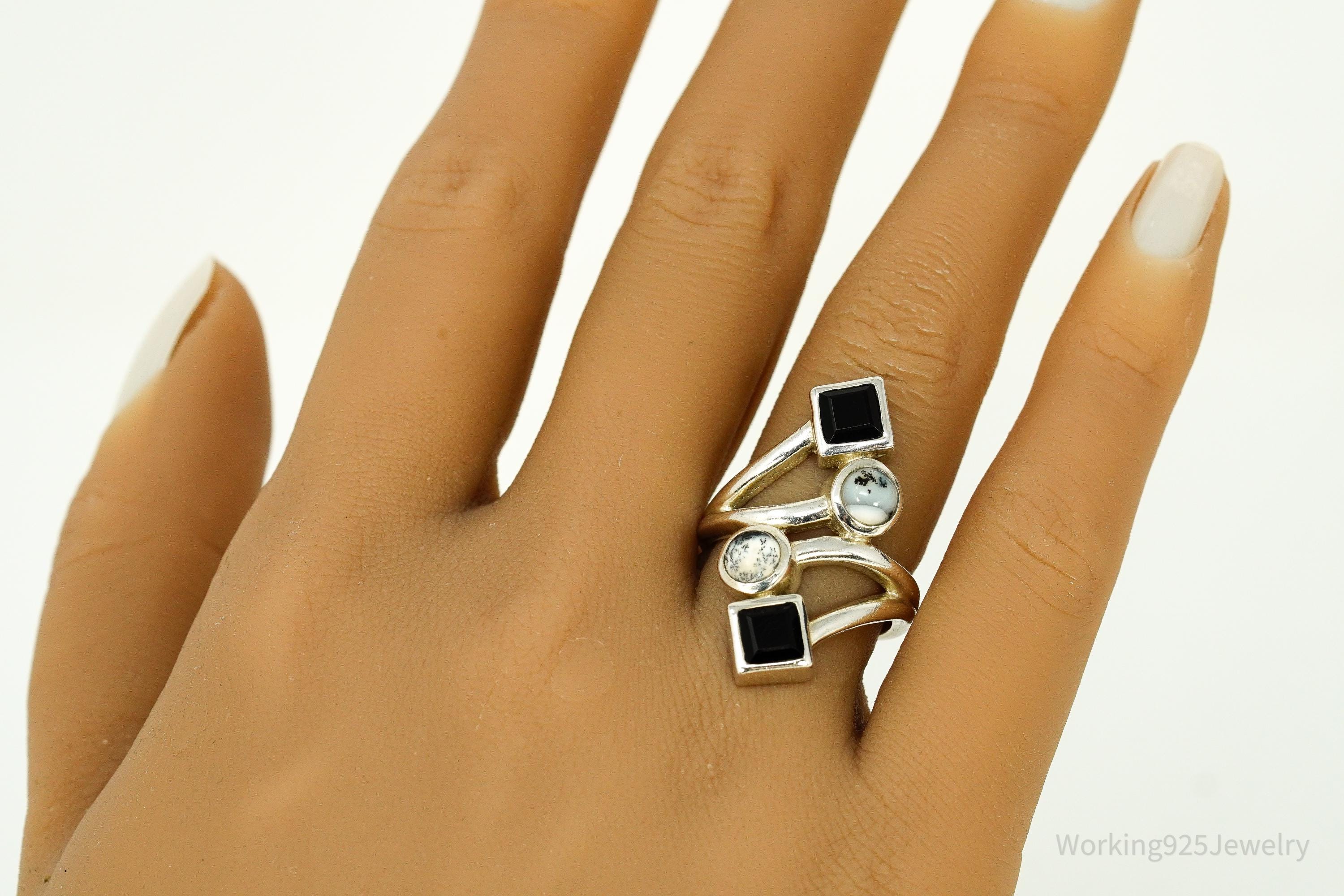 Vintage Dendritic Agate & Black Onyx Silver Ring - Size 6.75