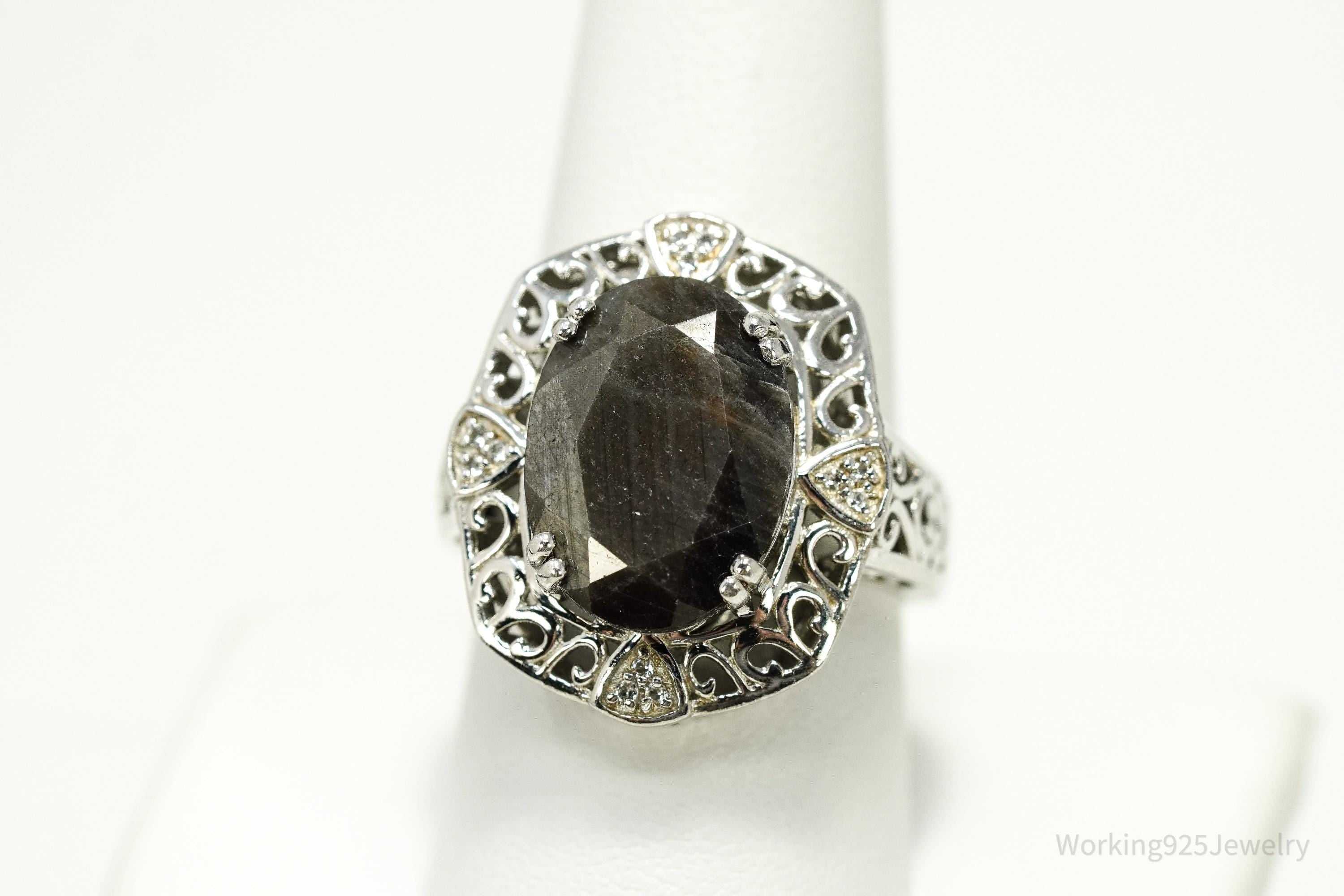 Vintage Grey Brown Stone & White Topaz Sterling Silver Ring - Size 9
