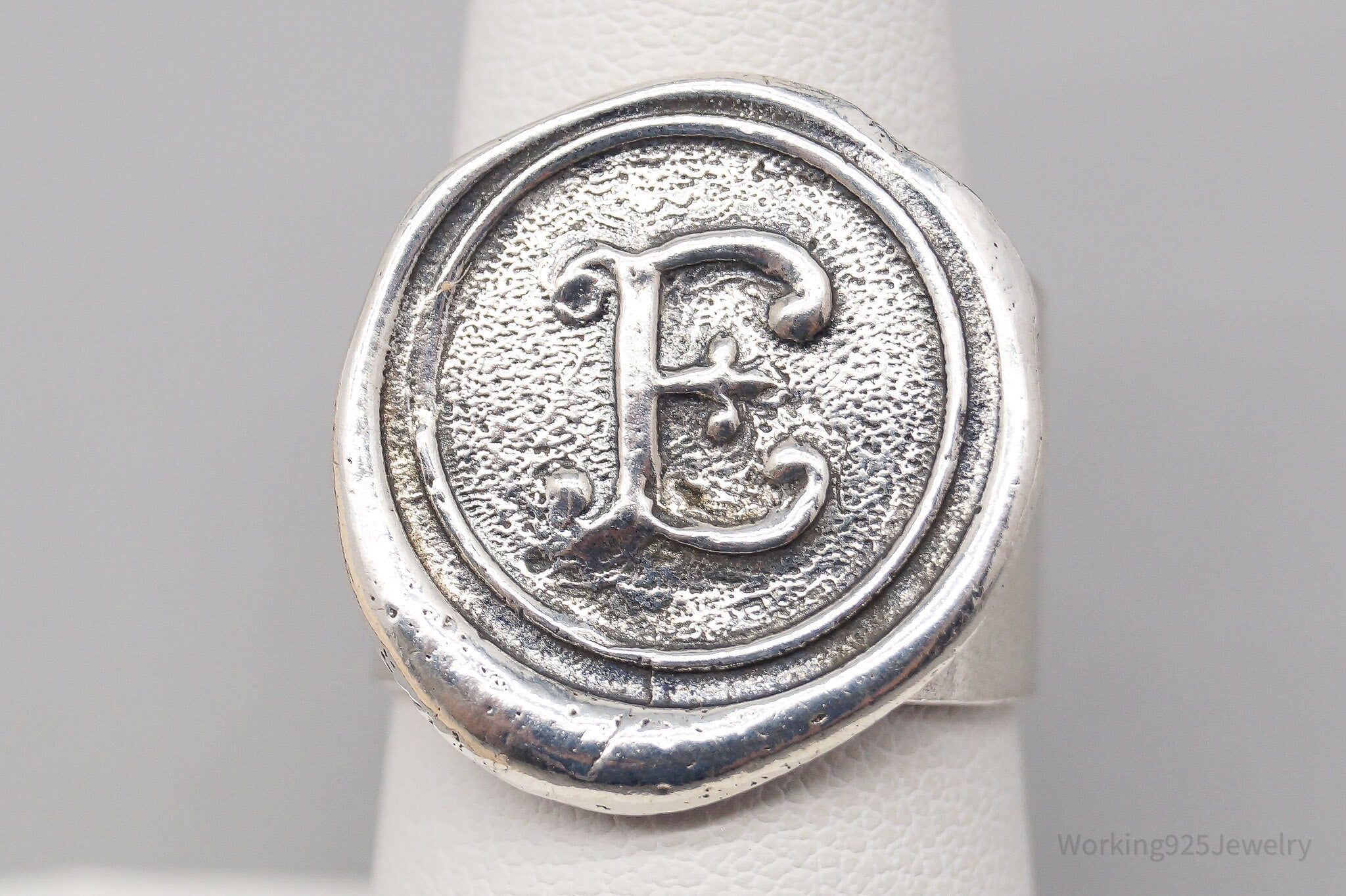 Vintage E Initial Wax Seal Sterling Silver Ring - Size 7.25