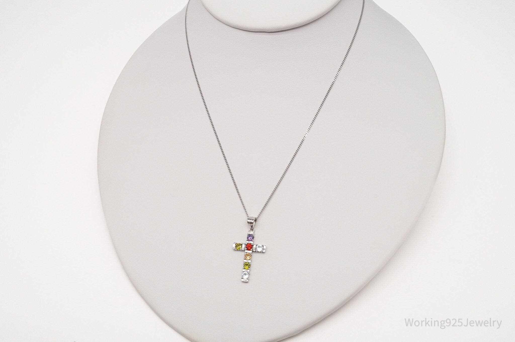 Vintage Multi Gemstone Cross Sterling Silver Necklace 18"