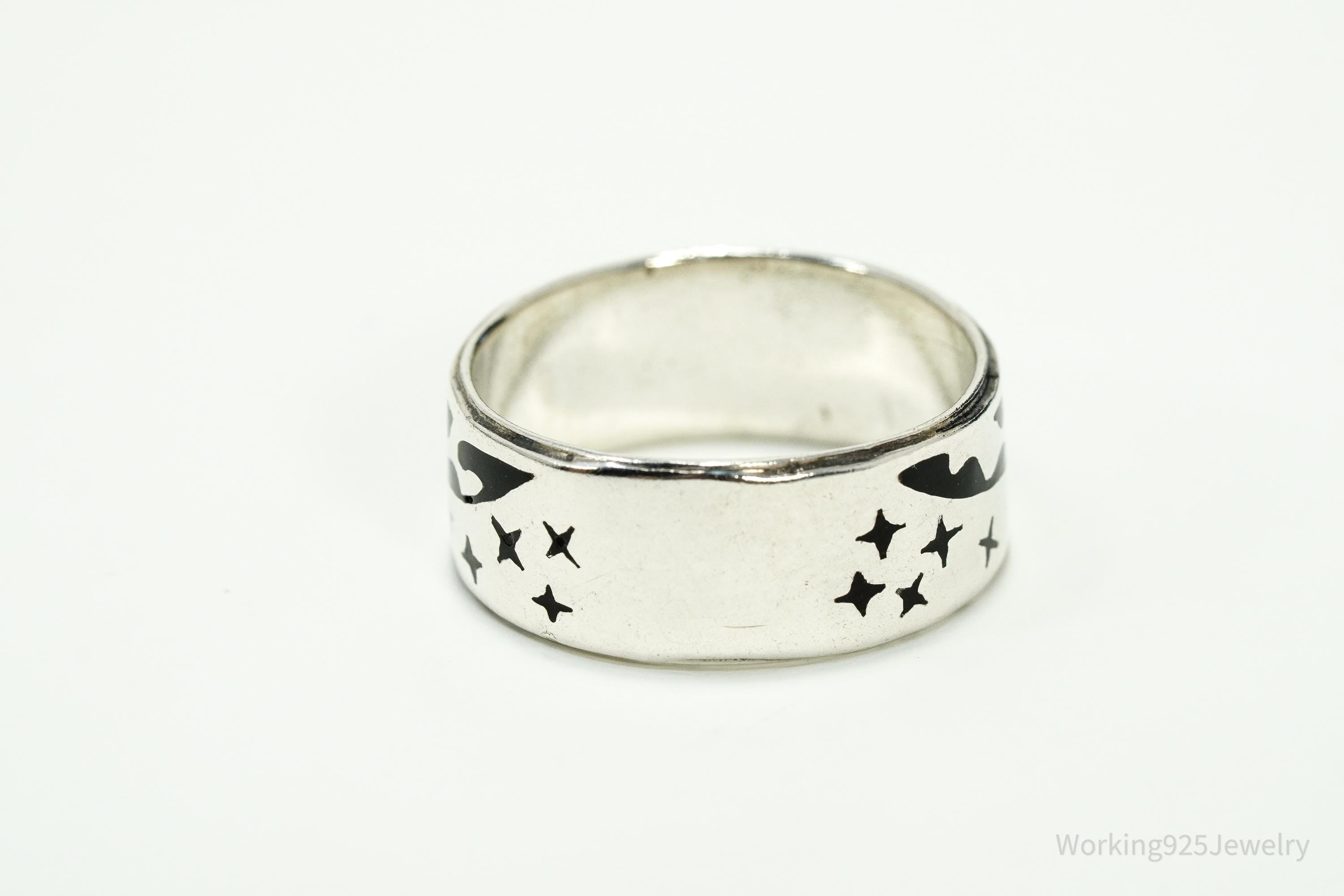 Vintage Earth & Stars Enamel Sterling Silver Band Ring - Size 10.5
