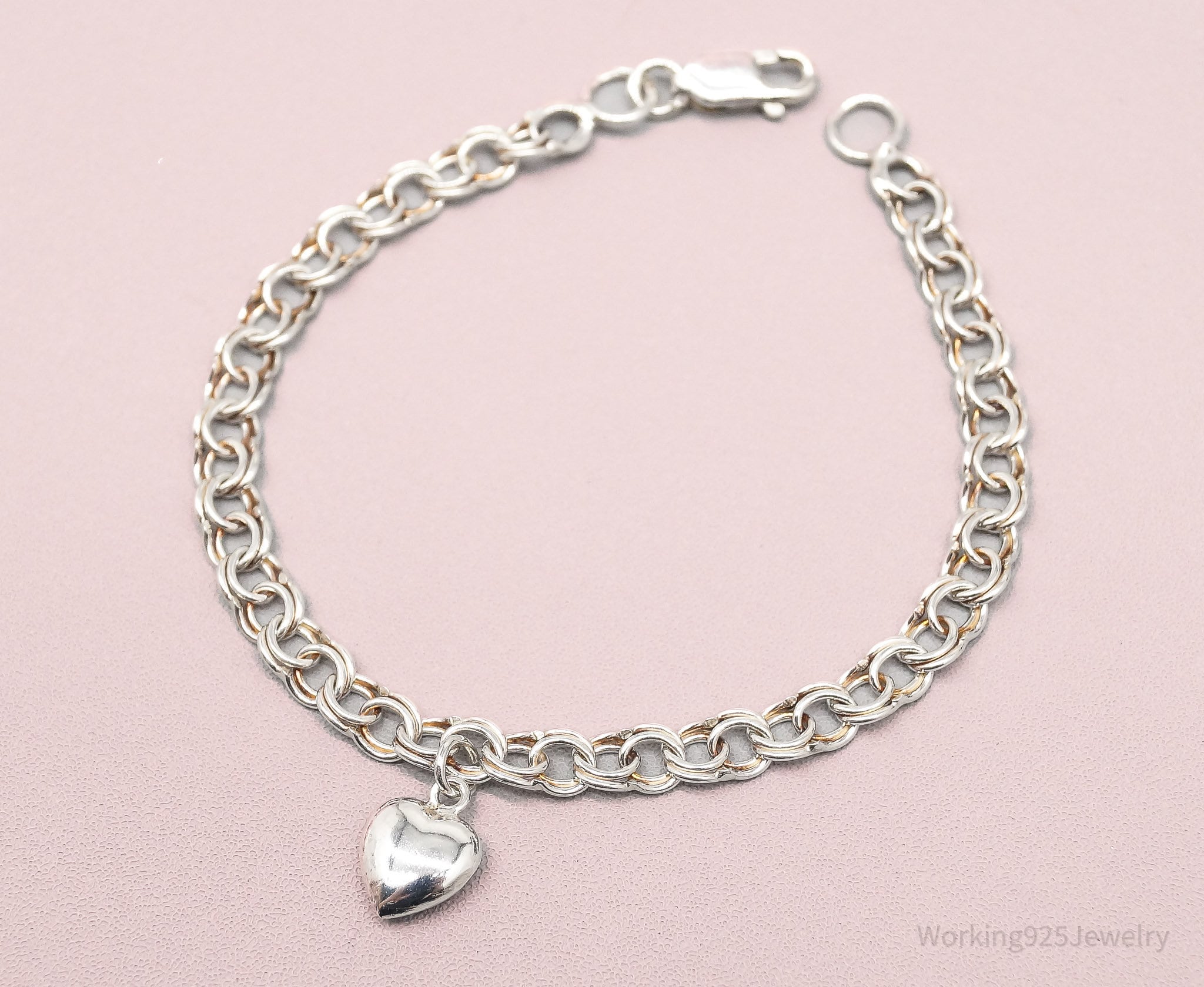 Vintage Puffy Heart Charm Chain Link Sterling Silver Bracelet