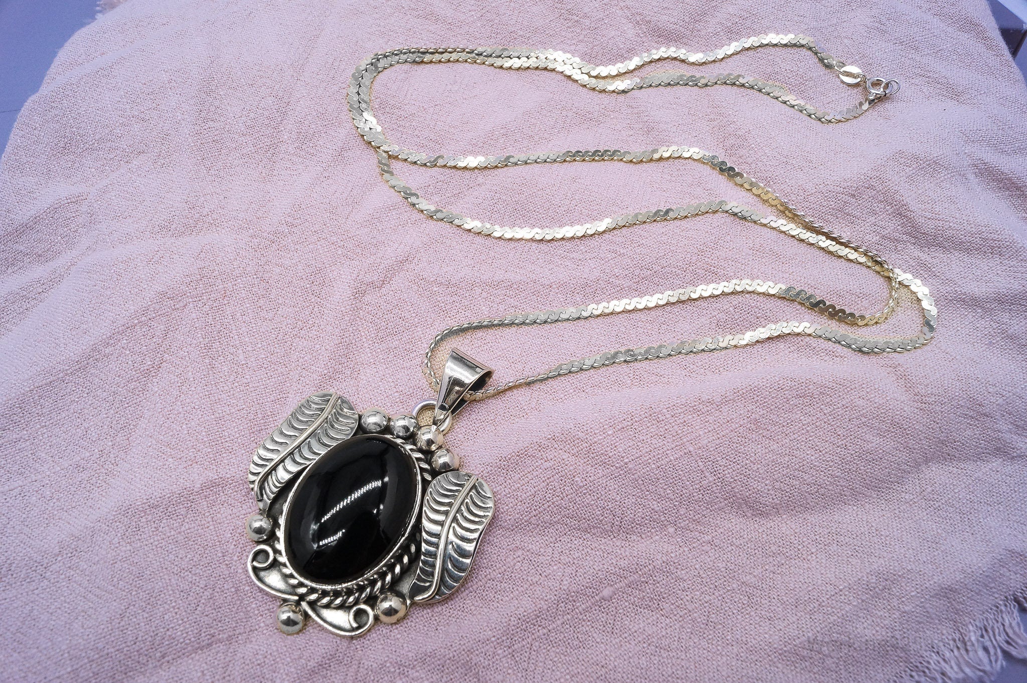 Vintage Mexico Black Onyx Sterling Silver Necklace 30"