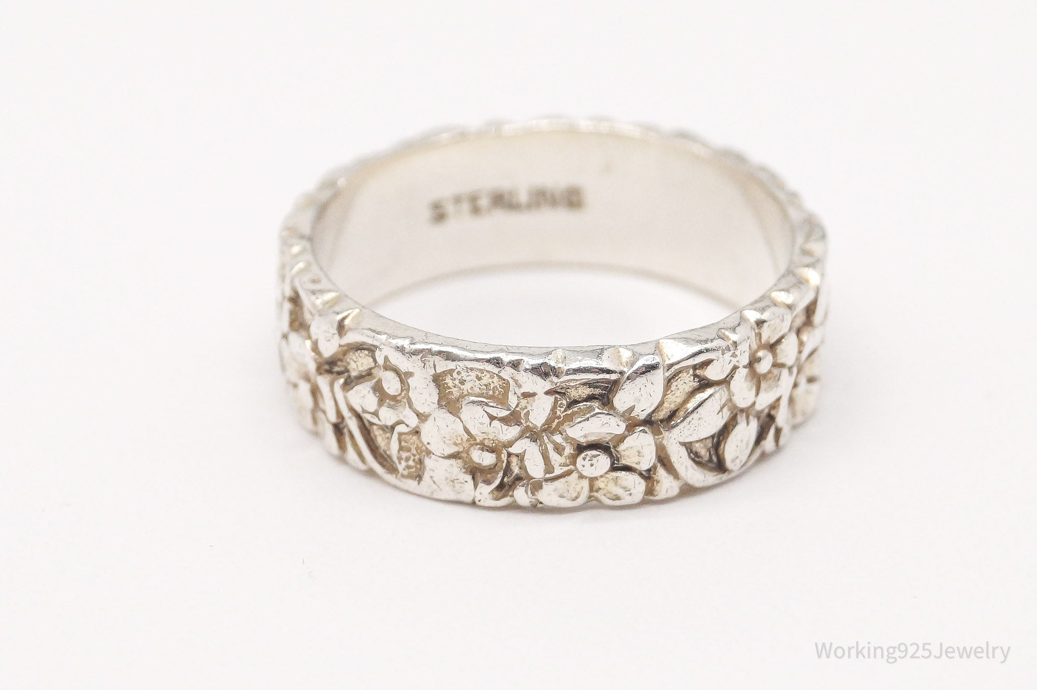 Antique Art Nouveau Floral Pattern Sterling Silver Band Ring - Size 6.75