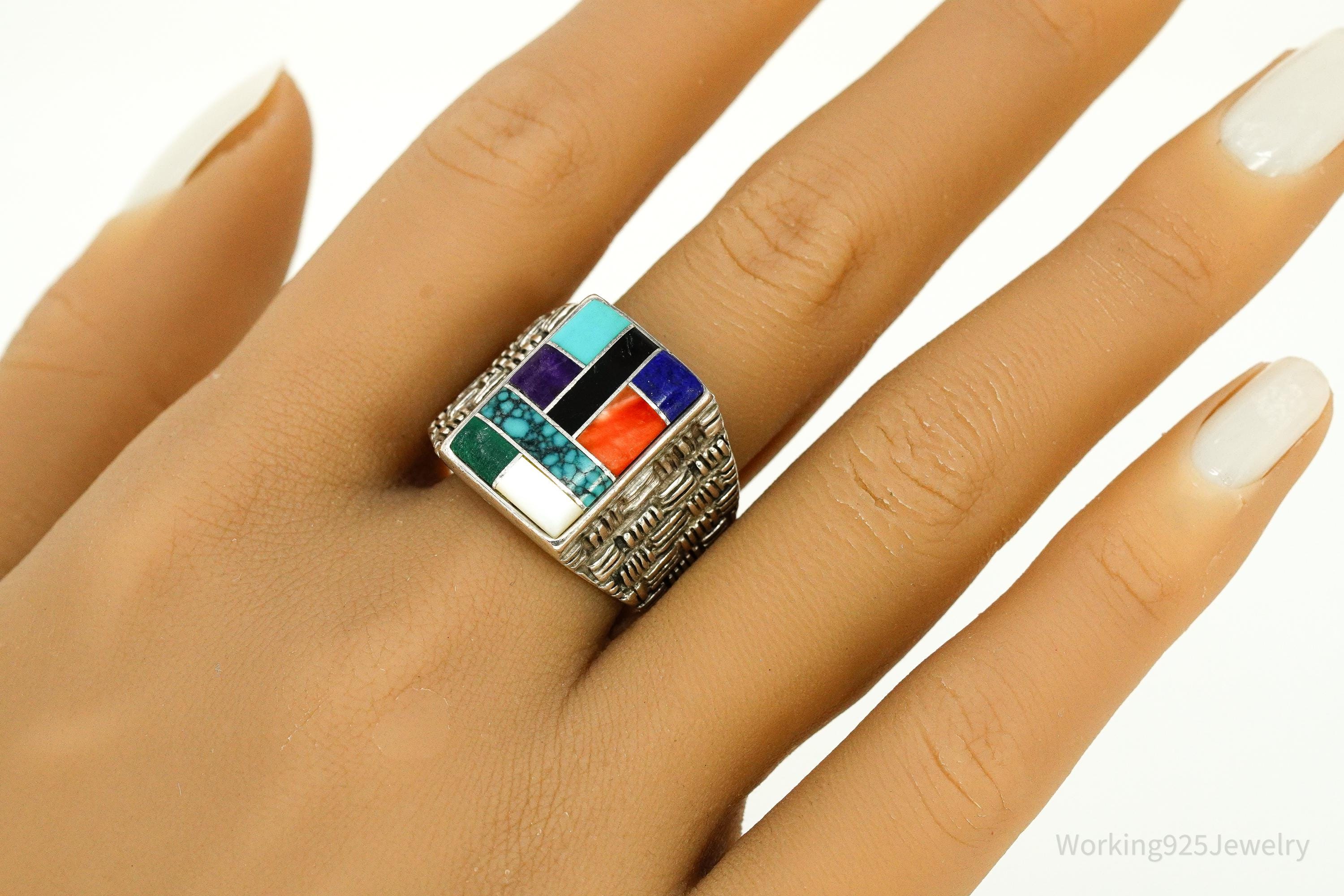 Vintage Native American Multi Gemstone Inlay Sterling Silver Ring - Size 12