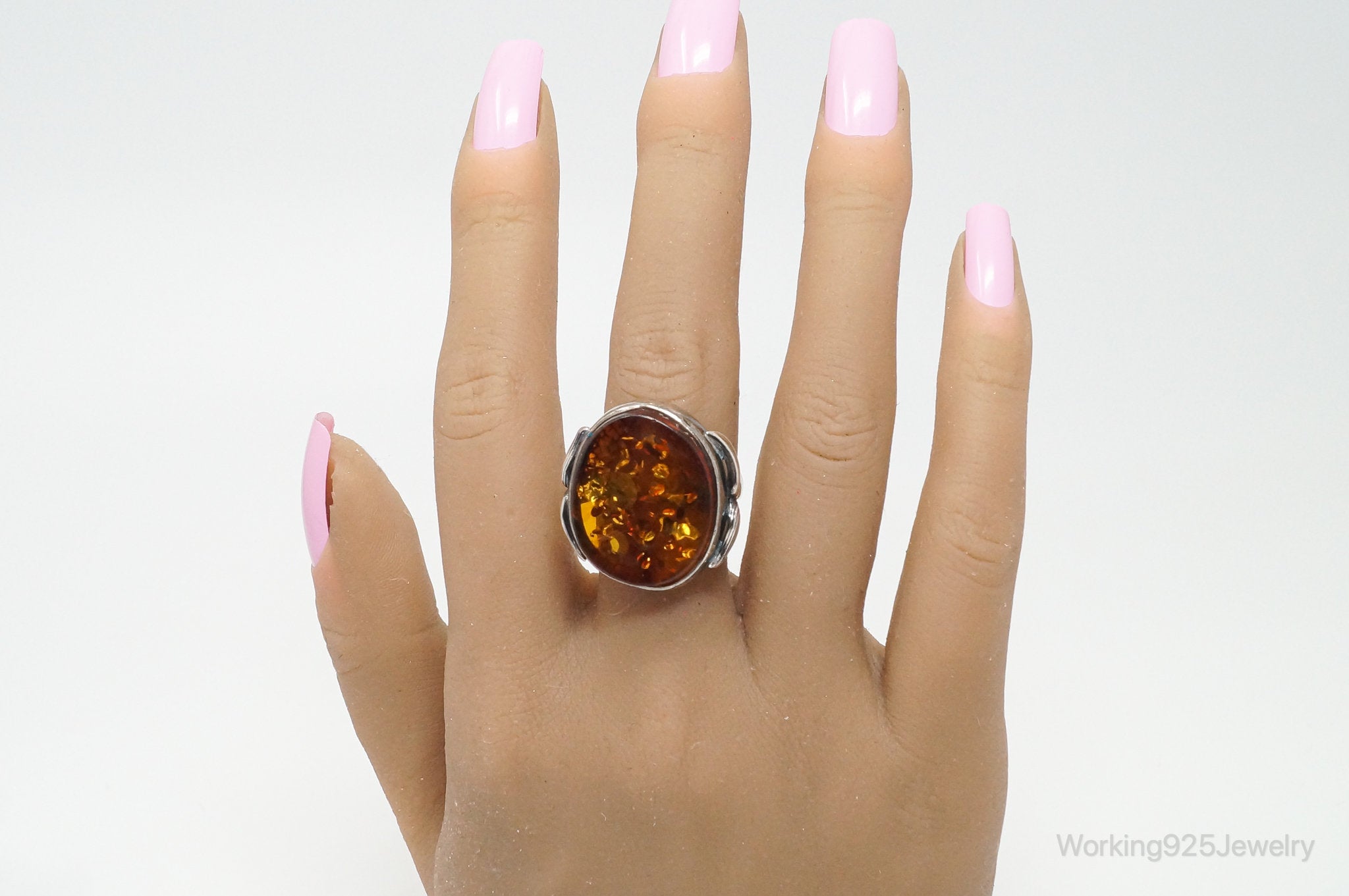 Vintage Large Honey Baltic Amber Sterling Silver Ring Size 7.5