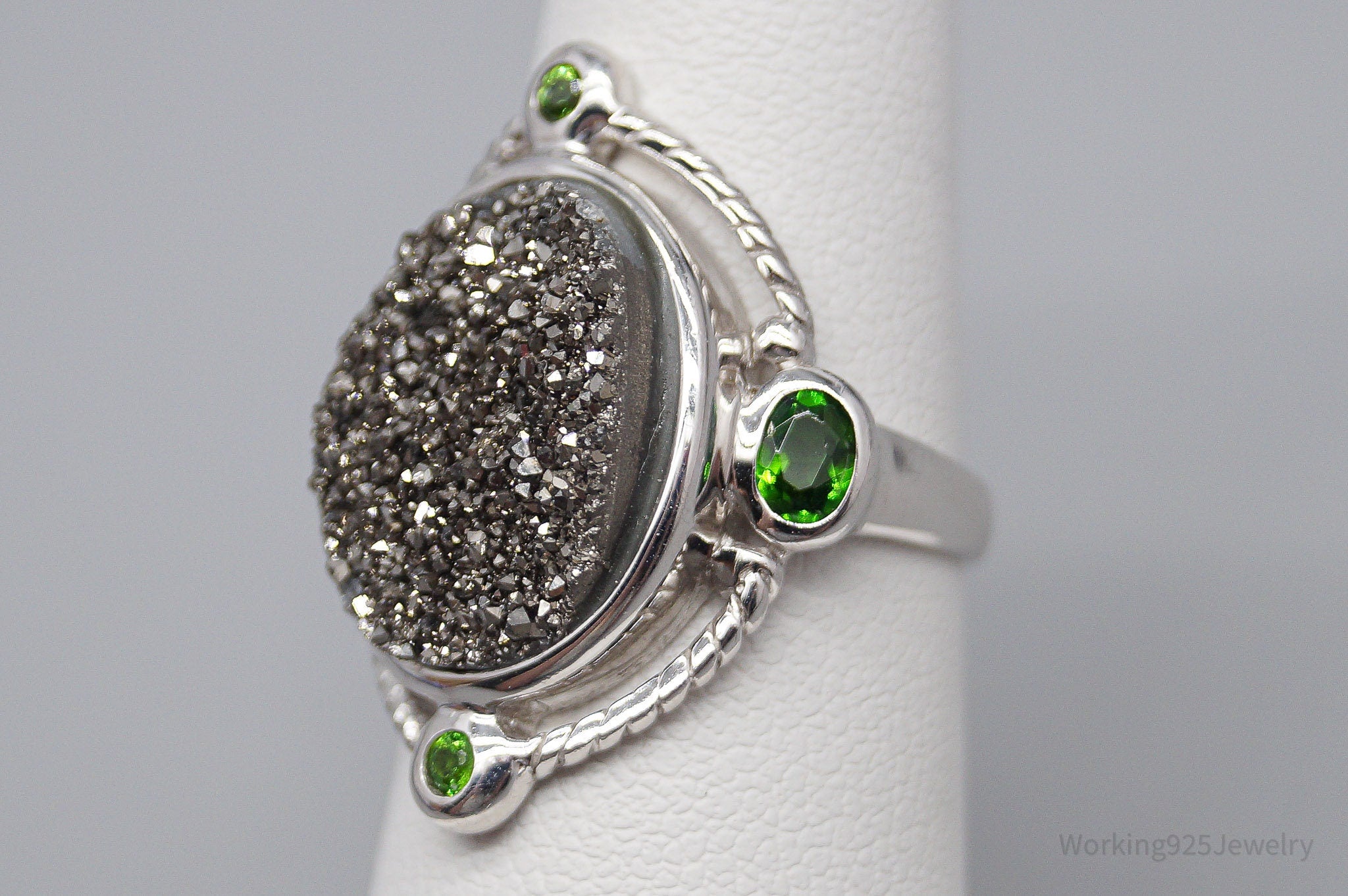 Druzy Quartz & Green Chrome Diopside Sterling Silver Ring - Size 6
